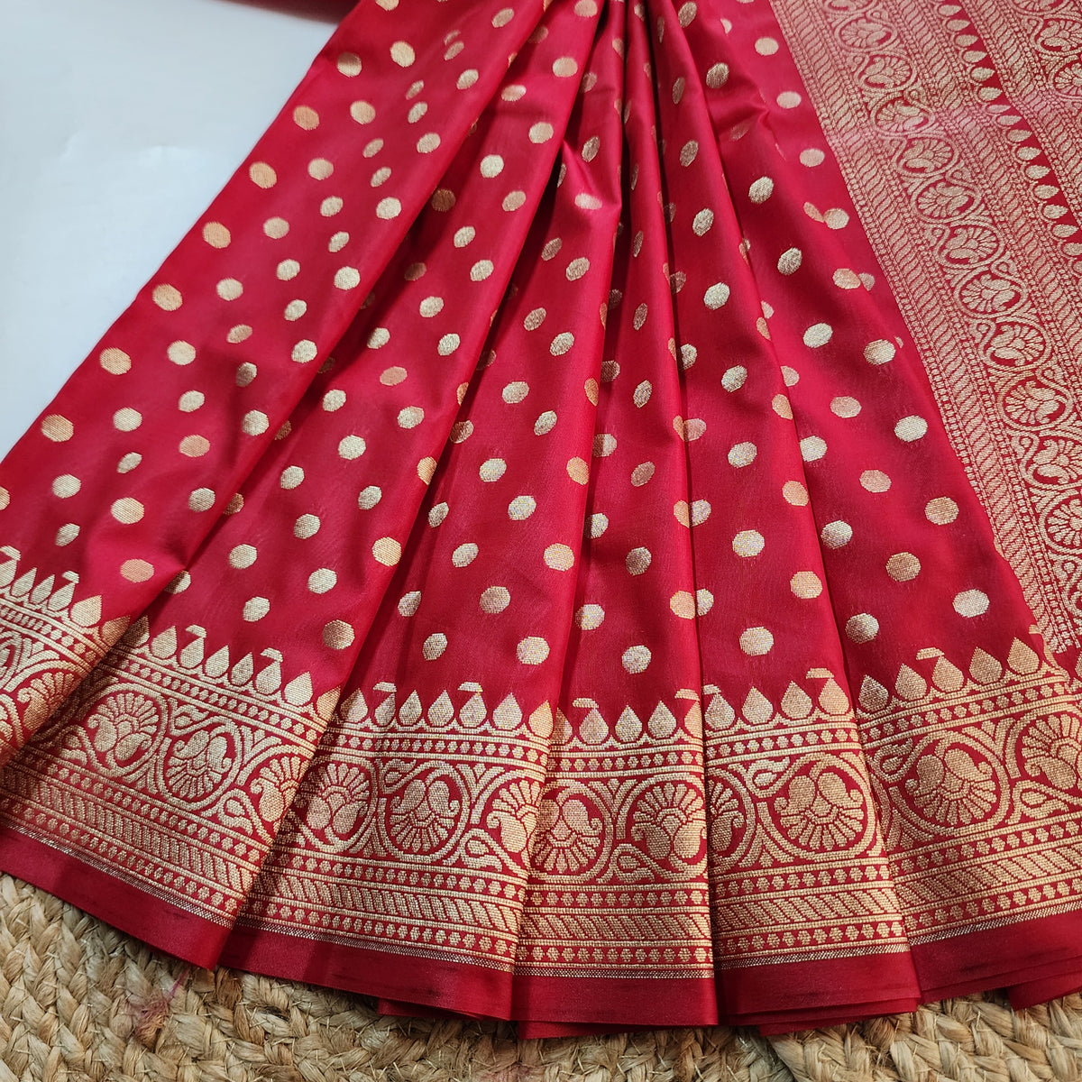 Classic Red Banarasi Silk Dupatta with Gold Polka Dot
