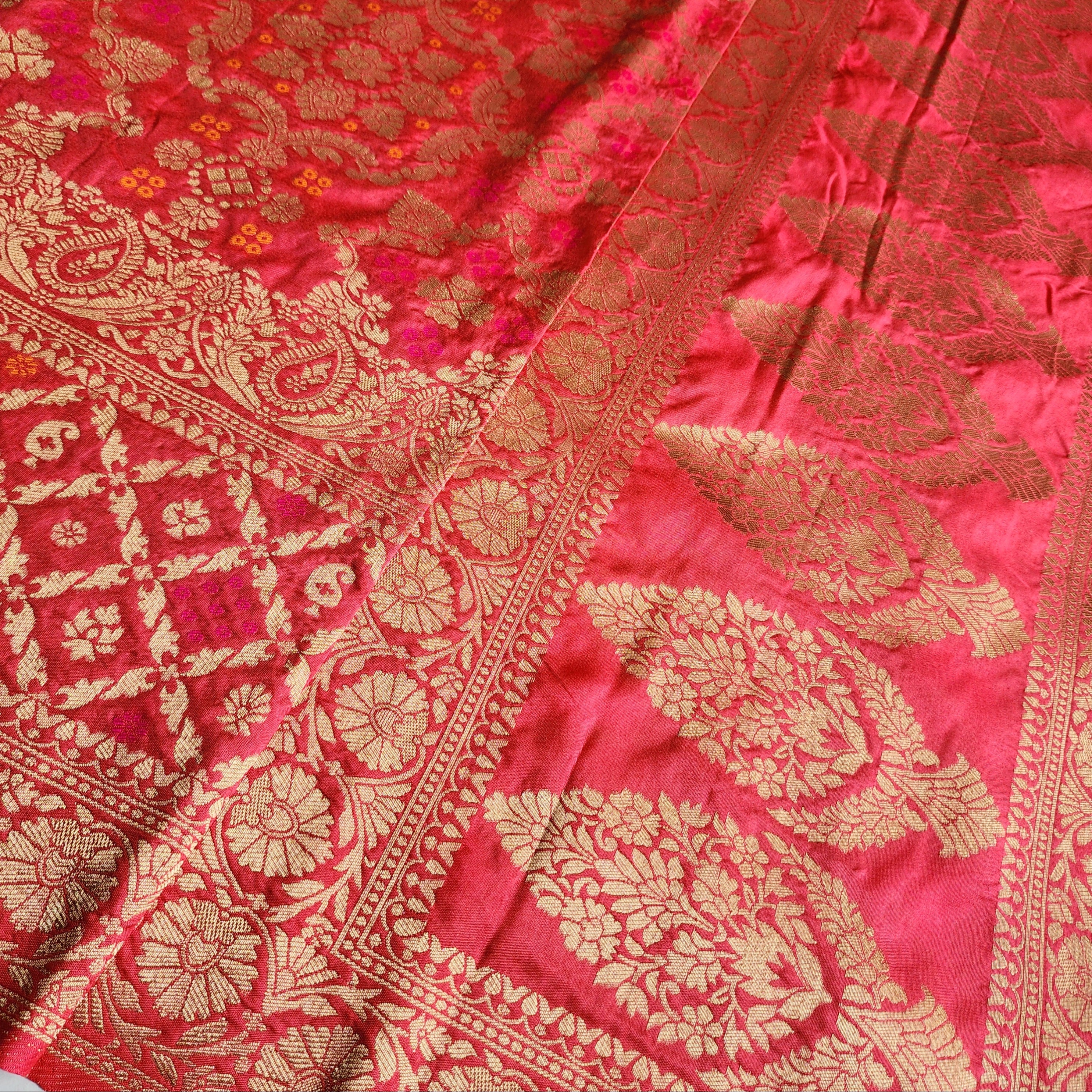 Rose Pink Bandhani Dupatta with Floral and Geometric Zari Weave