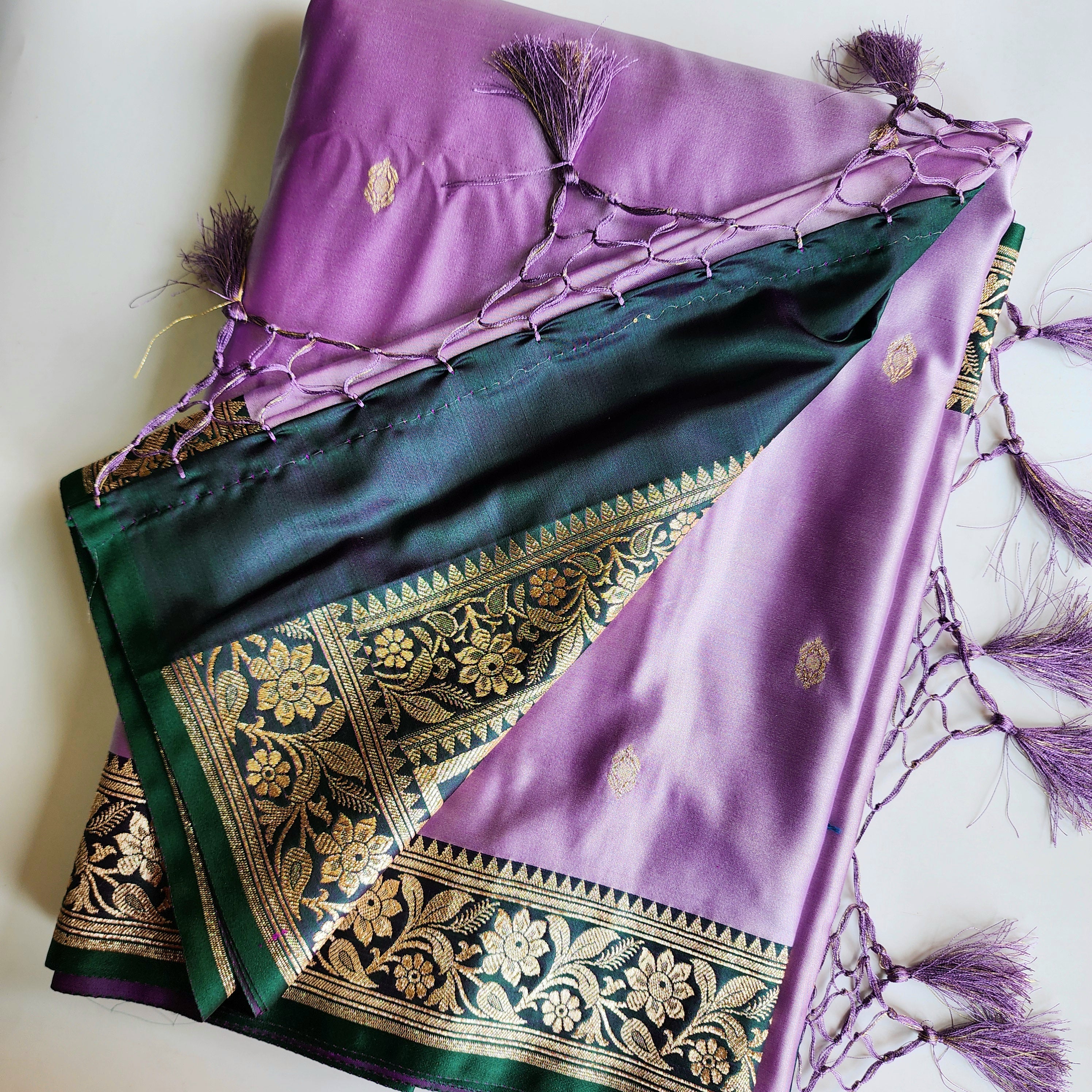 Lavender Katan Silk Saree with Emerald Green and Gold Zari Border
