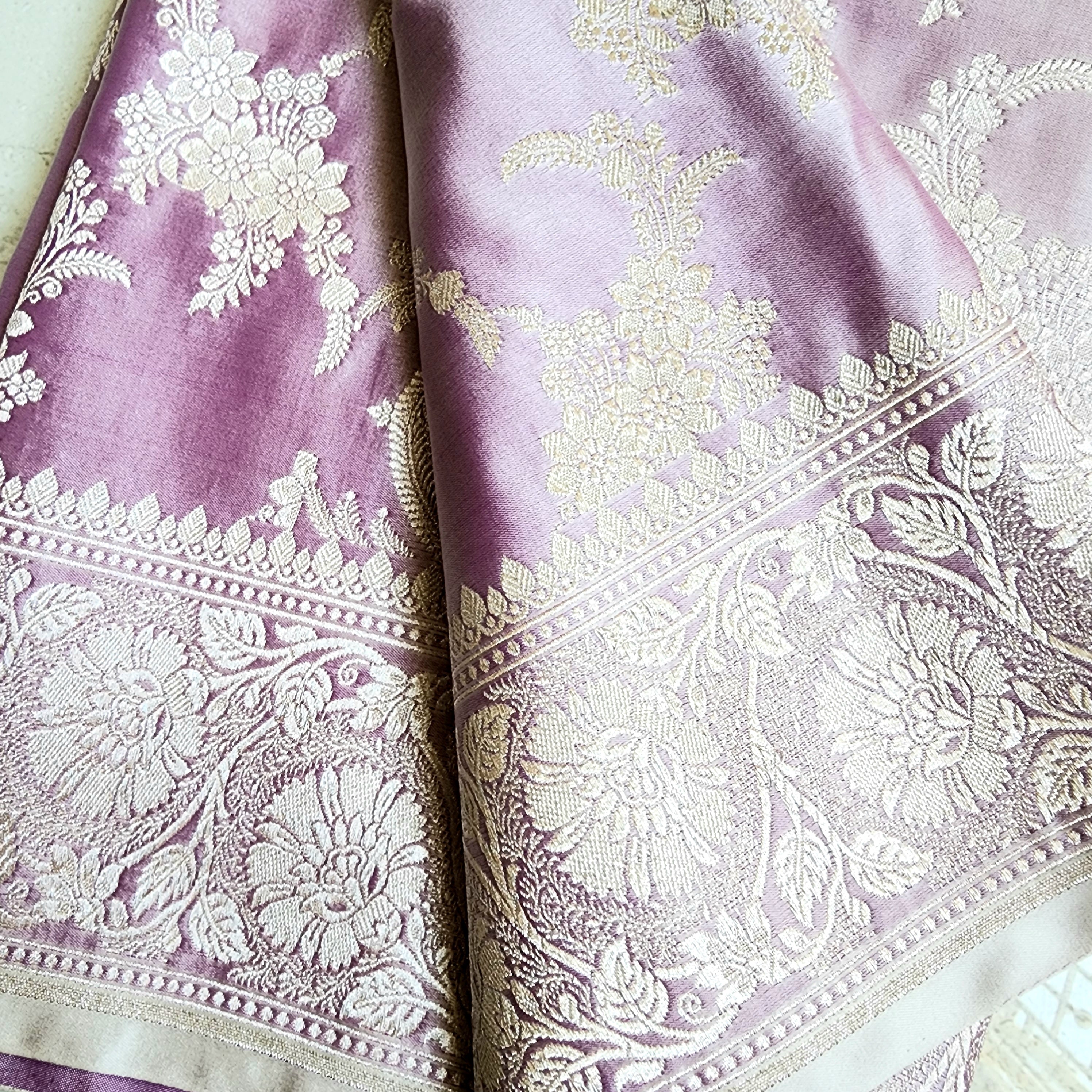 Lilac Banarasi Katan Silk Saree with Floral Vine Jaal