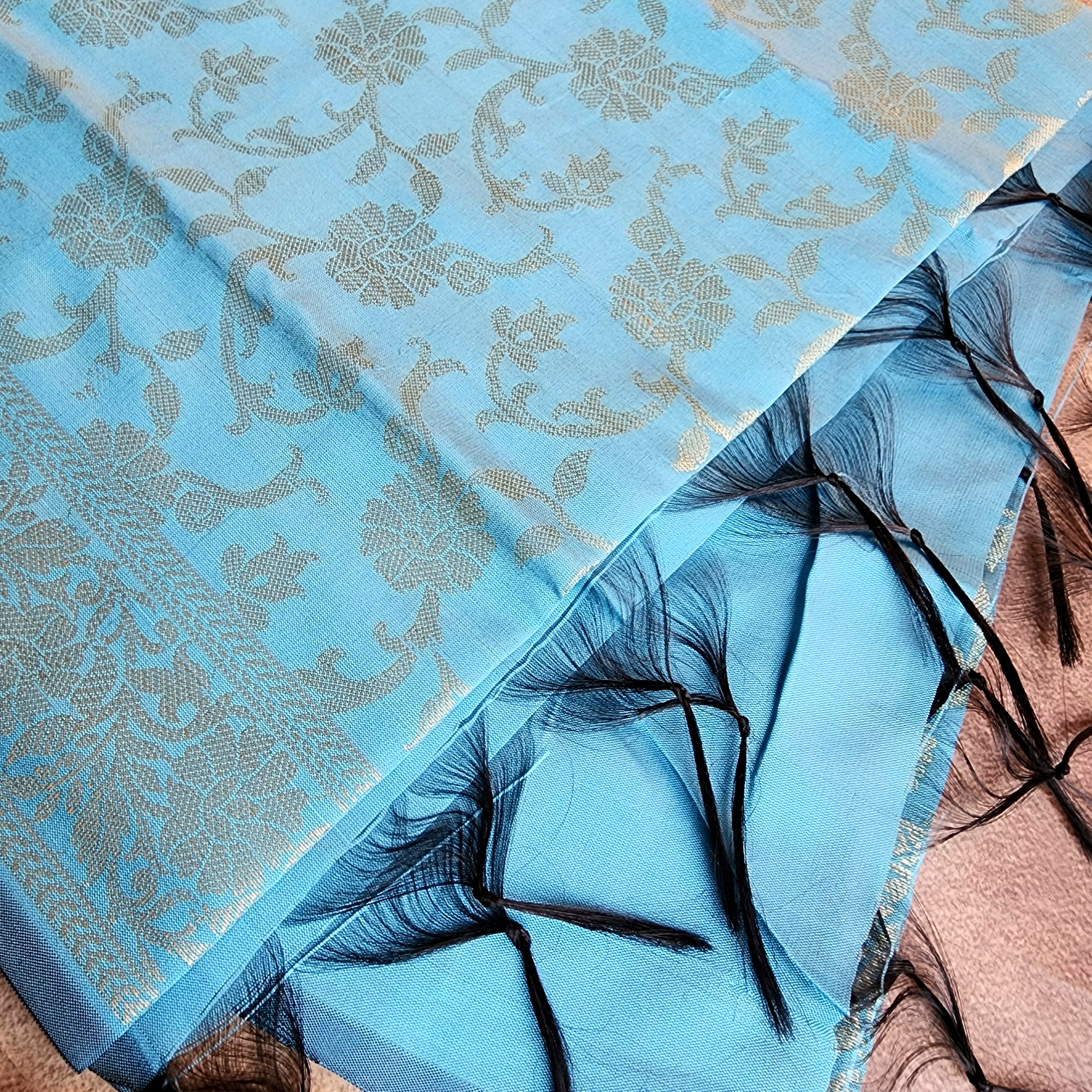 Aqua Blue Banarasi Tapetta Silk Dupatta with Gold Floral Weave