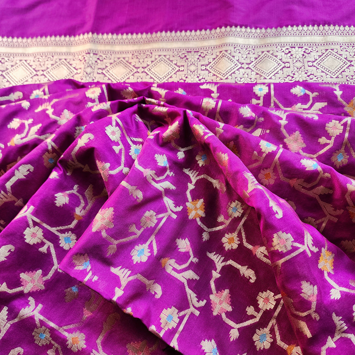 Golden Grid Banarasi Silk Dupatta with Meenakari Work in Wine