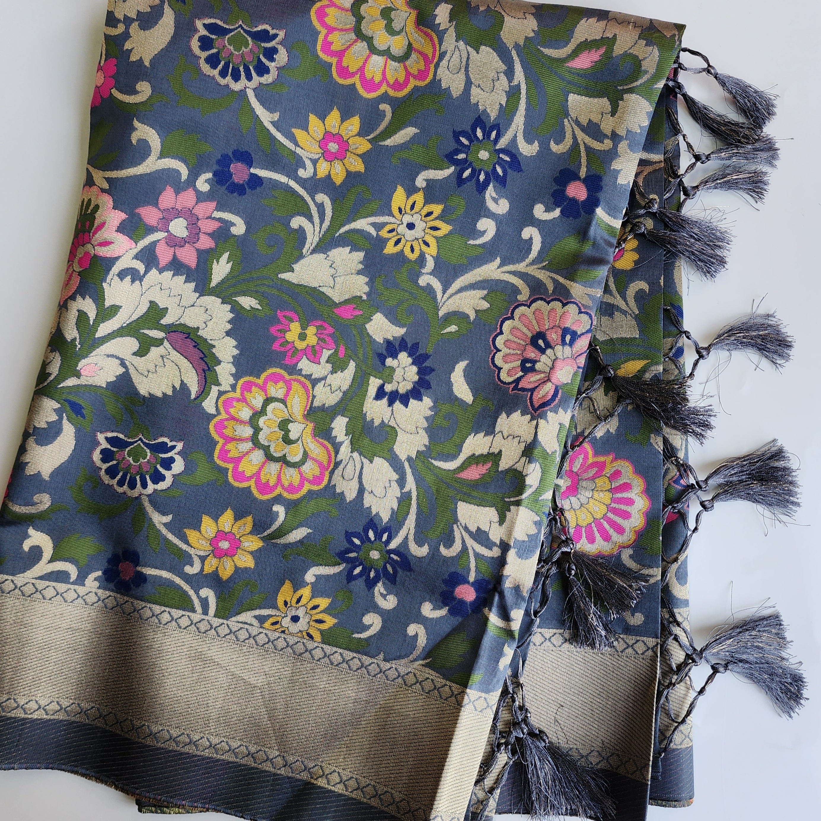 Banarasi Silk Dark Gray Dupatta with Multicolor & Gold Floral Handweaving