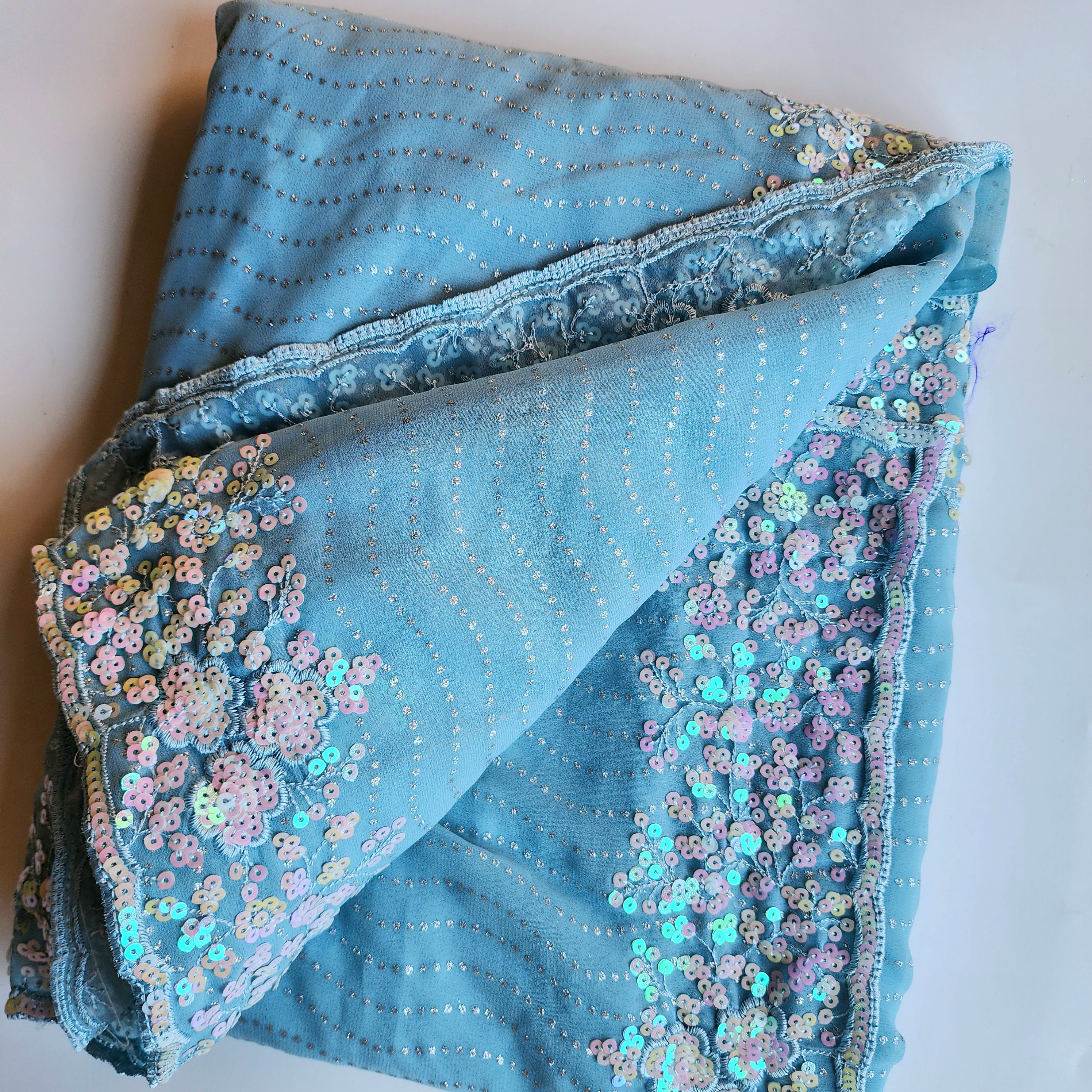 Soft Blue Designer Chiffon Silk Saree