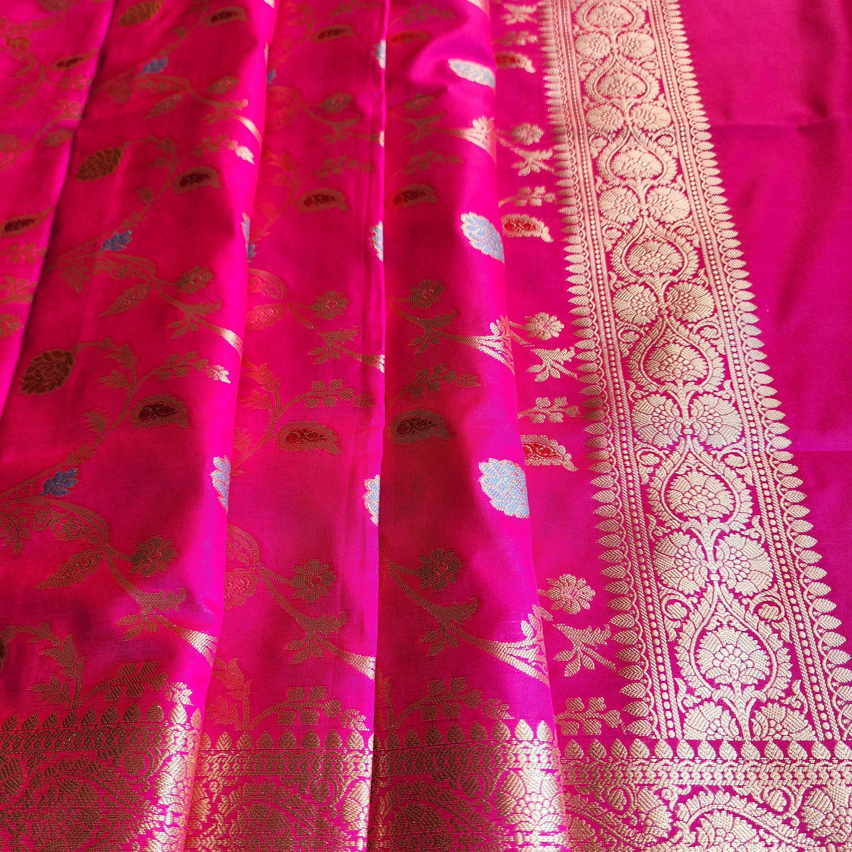Hot Pink Banarasi Silk Dupatta with Gold Zari Border & Multicolor Meenakari Work