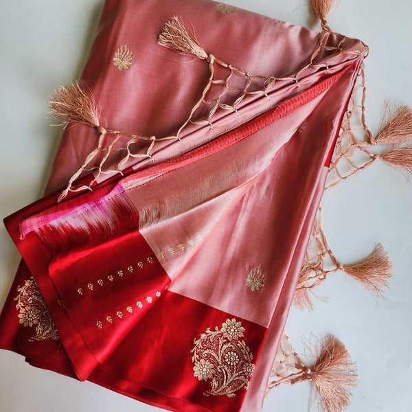 Blush Pink Katan Silk Saree with Red Gold Zari Border