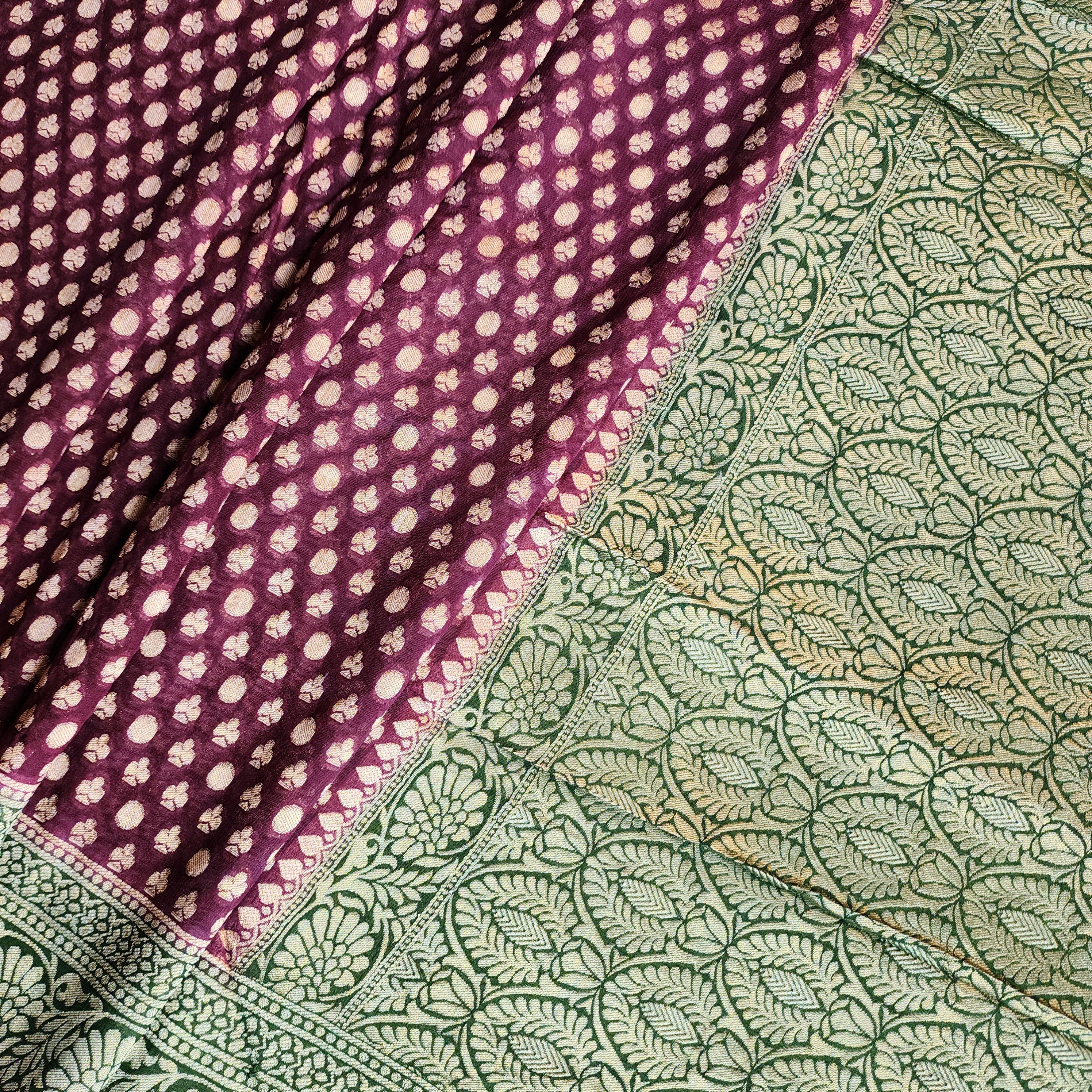 Purple Khaddi Georgette Pure Banarasi Saree with Green Border