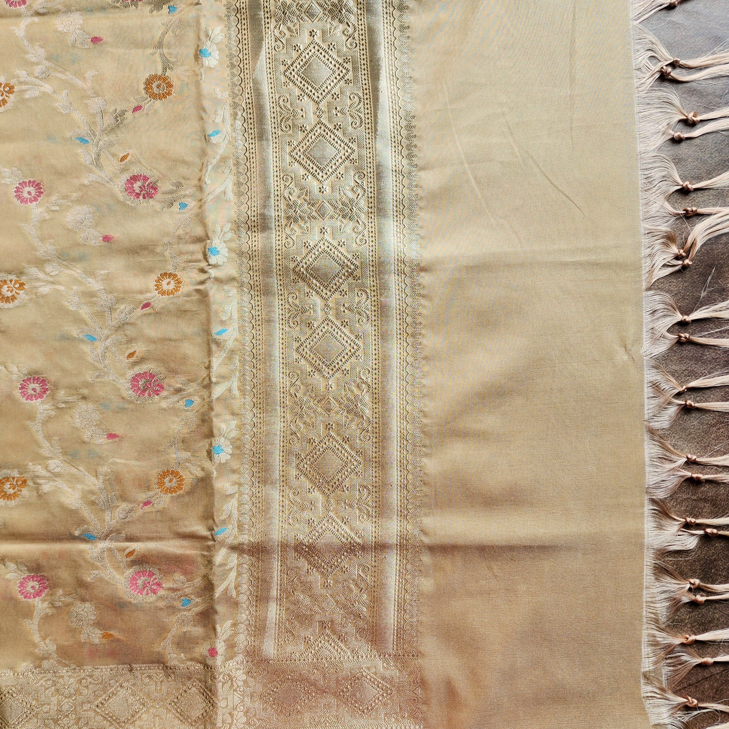 Golden Grid Banarasi Silk Dupatta with Meenakari Work in Beige