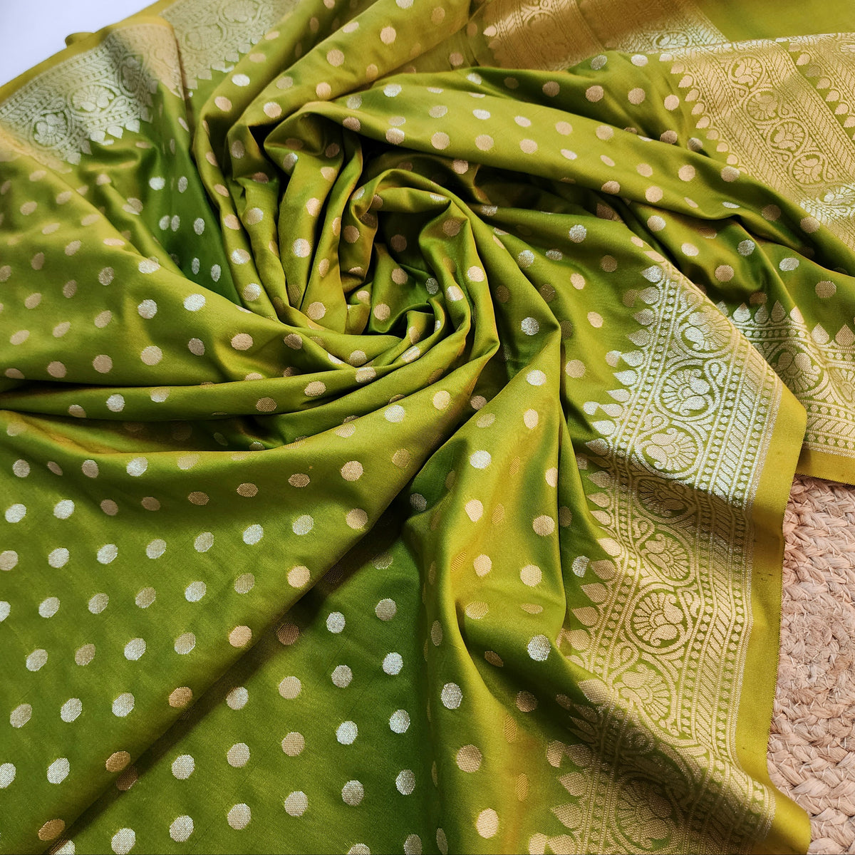 Olive Green Banarasi Silk Dupatta with Gold Polka Dot