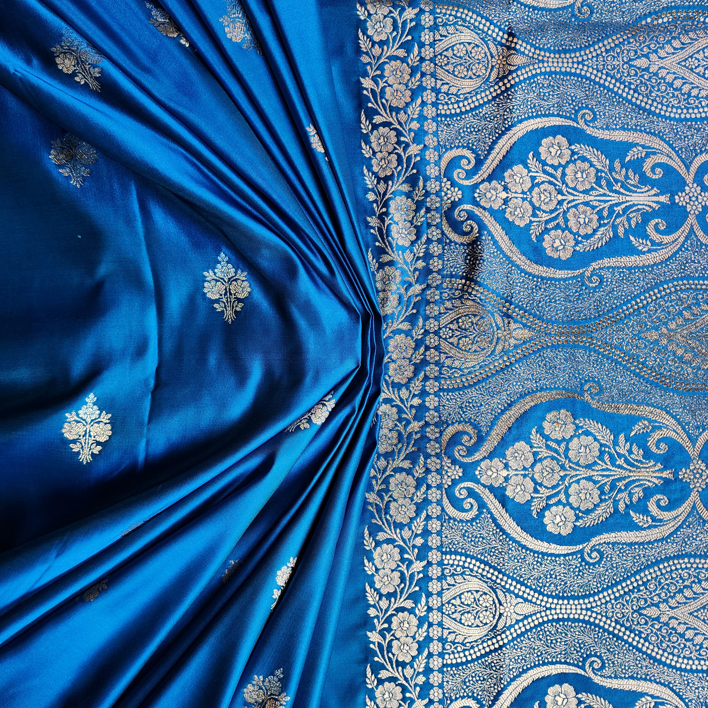 Dual-Tone Shinny Blue Pure Banarasi Katan Silk Saree