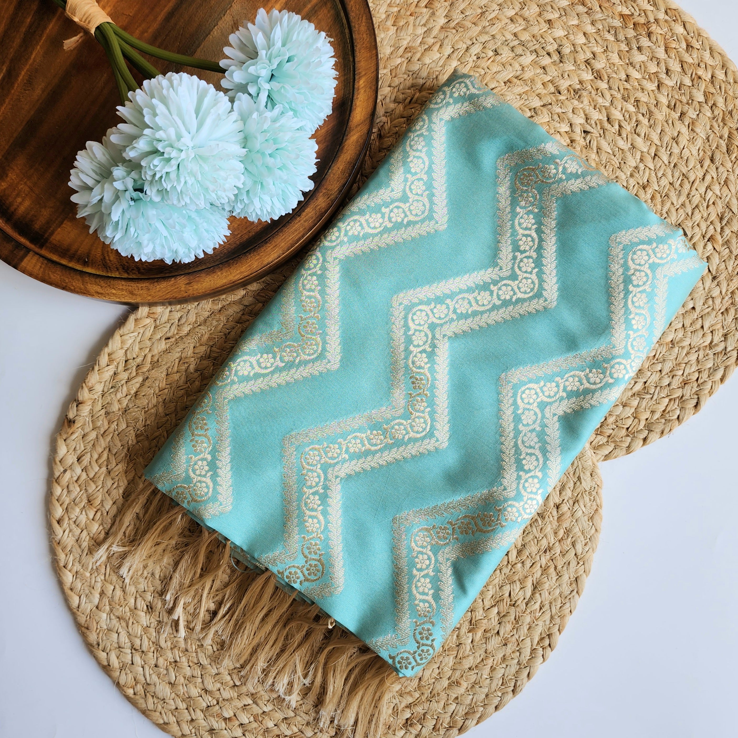 Robin Egg Blue Banarasi Dupatta with Golden Zigzag Pattern