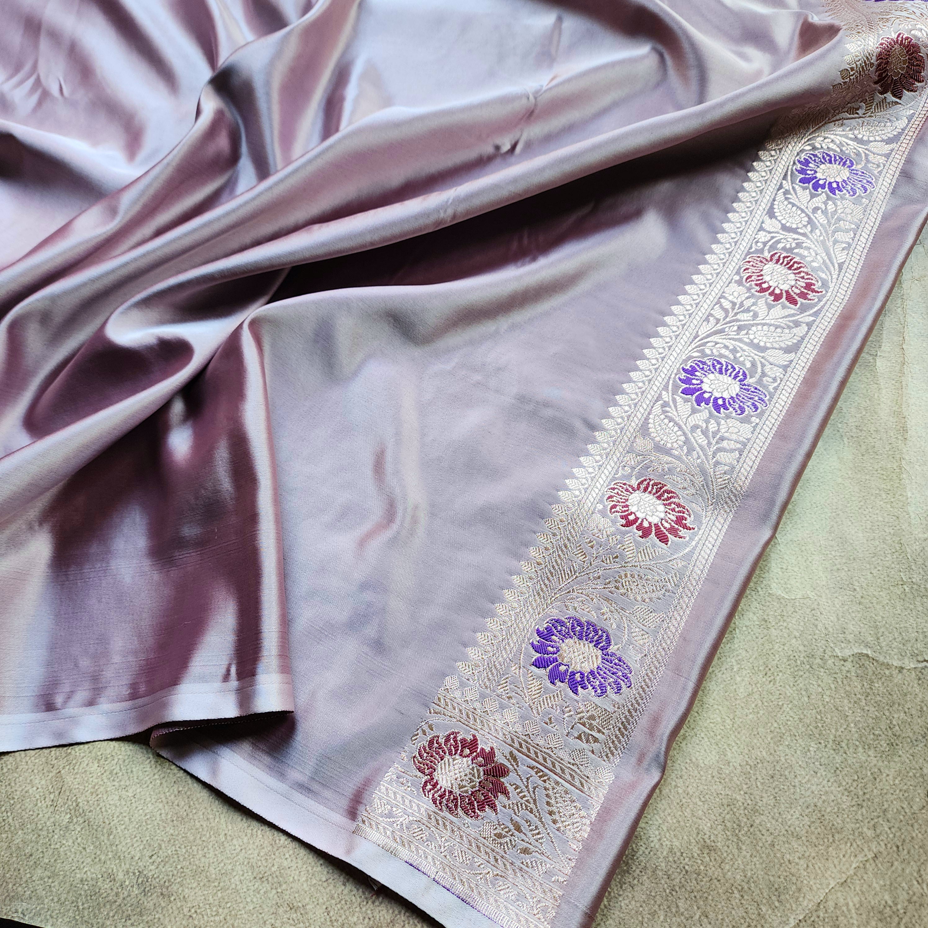 Enriched Banarasi Katan Silk Saree | Lavender Mist Multicolor Meenakari Floral Jaal