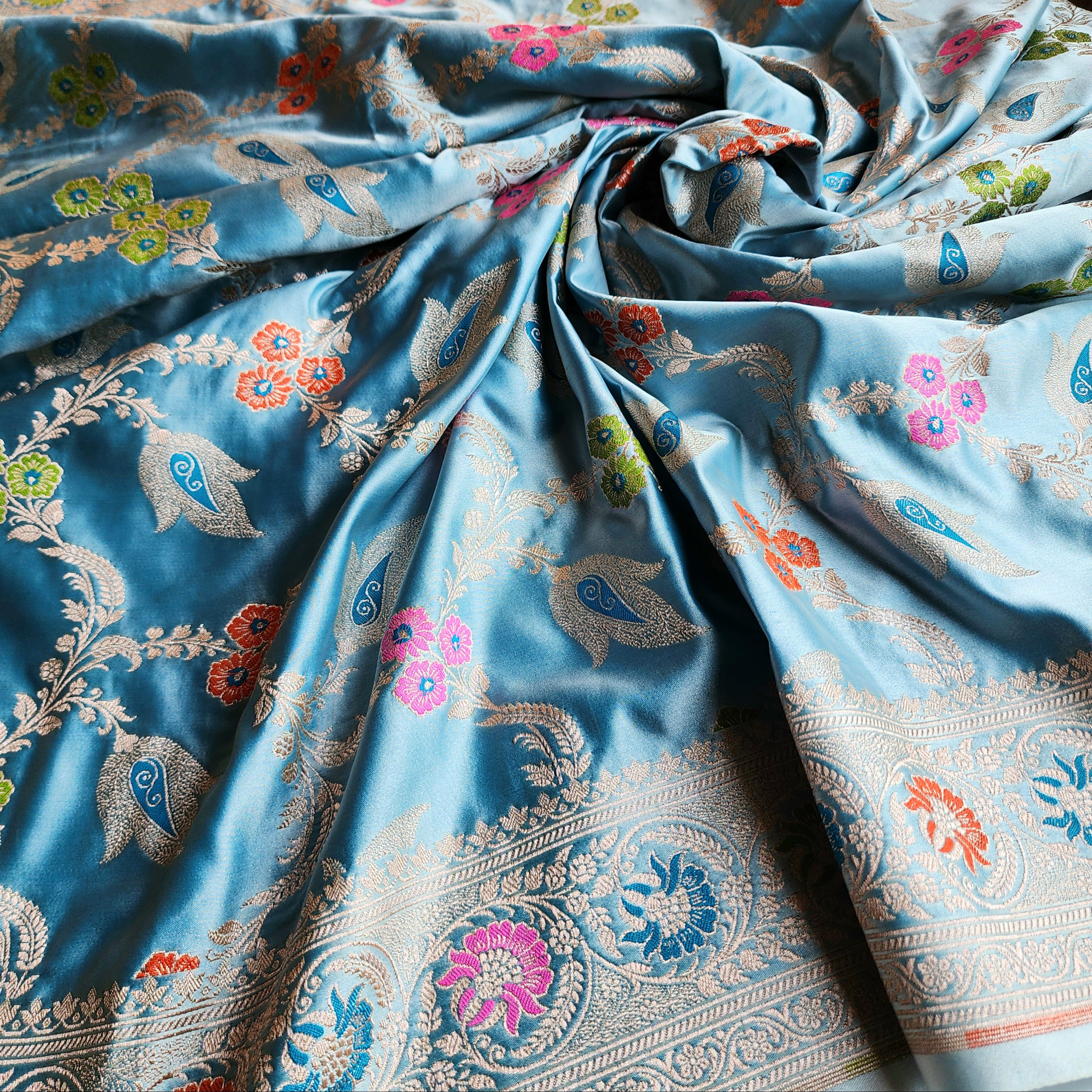 Enriched Powder Blue Banarasi Katan Silk Saree with Multicolor Meenakari Floral Jaal