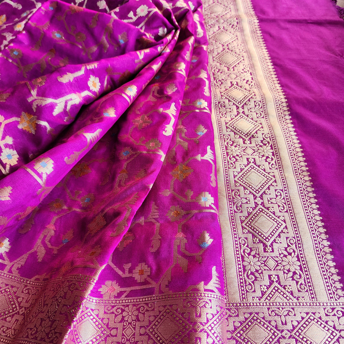 Golden Grid Banarasi Silk Dupatta with Meenakari Work in Wine