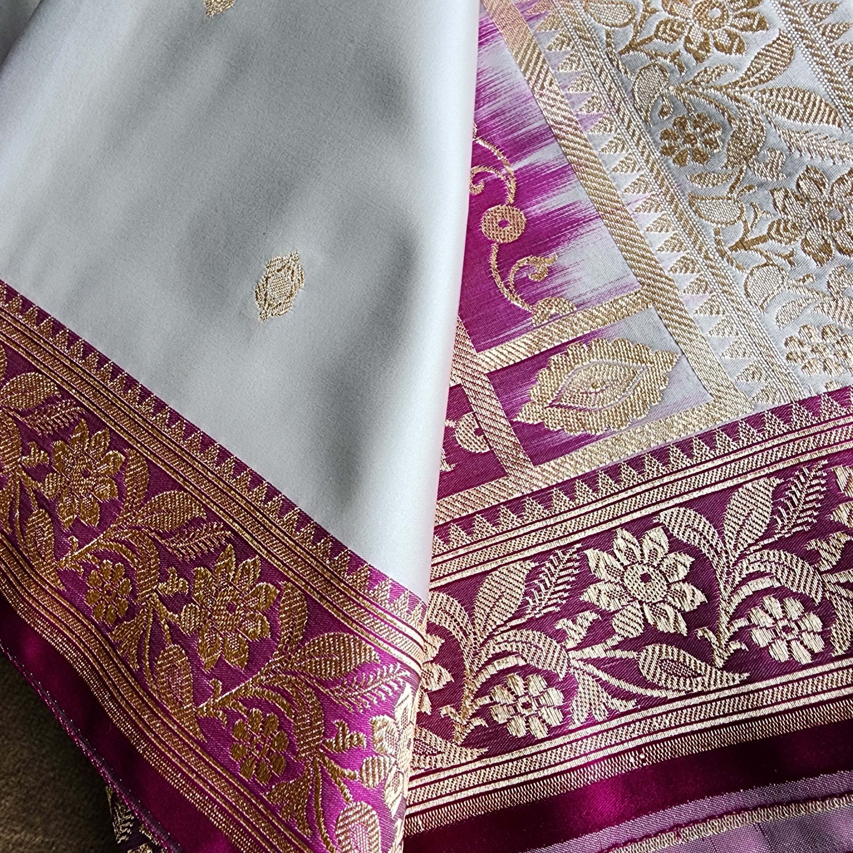 Powder Blue Katan Silk Saree with Purple and Gold Zari Border