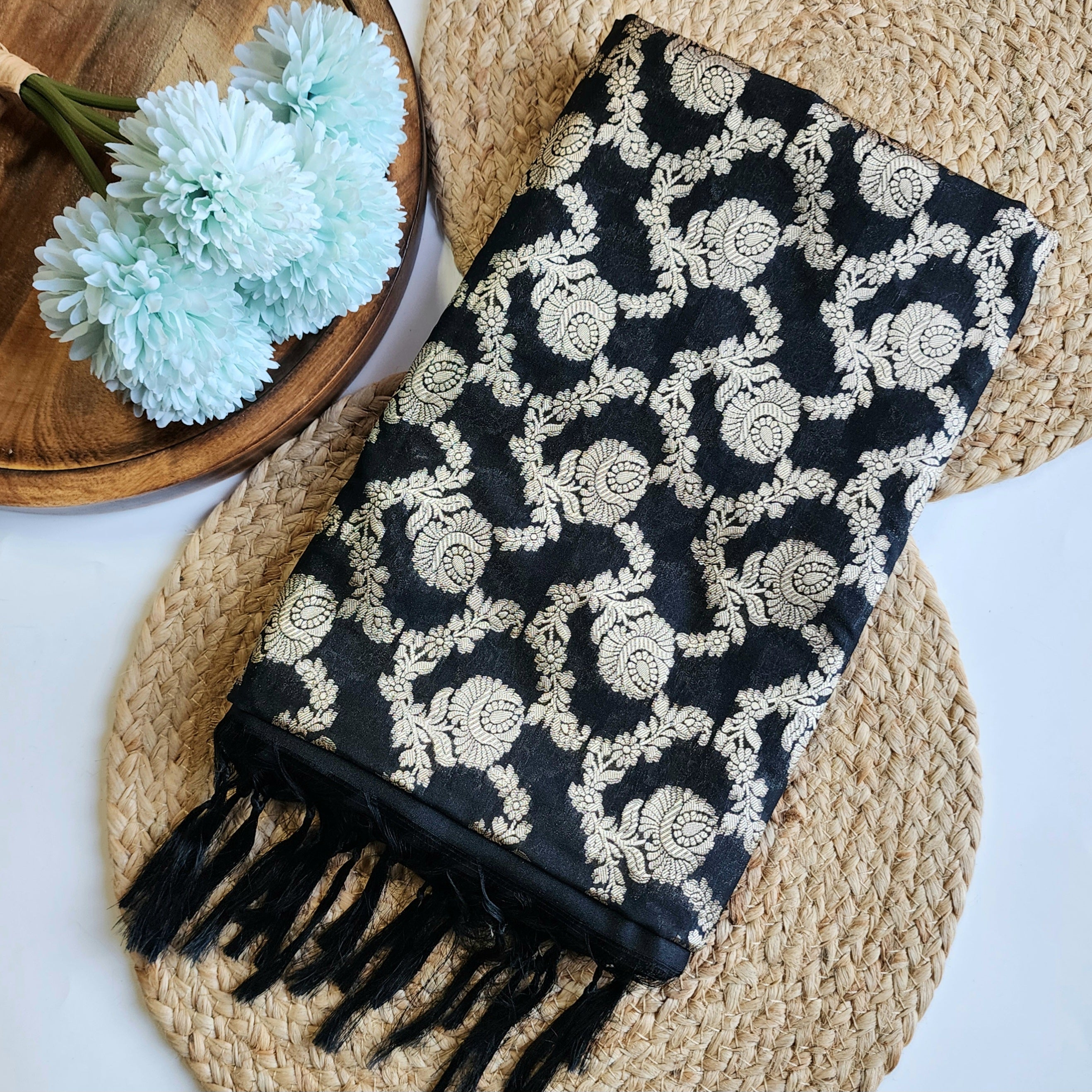 Black Floral Jaal Dupatta with Mughal-Inspired Zari Border