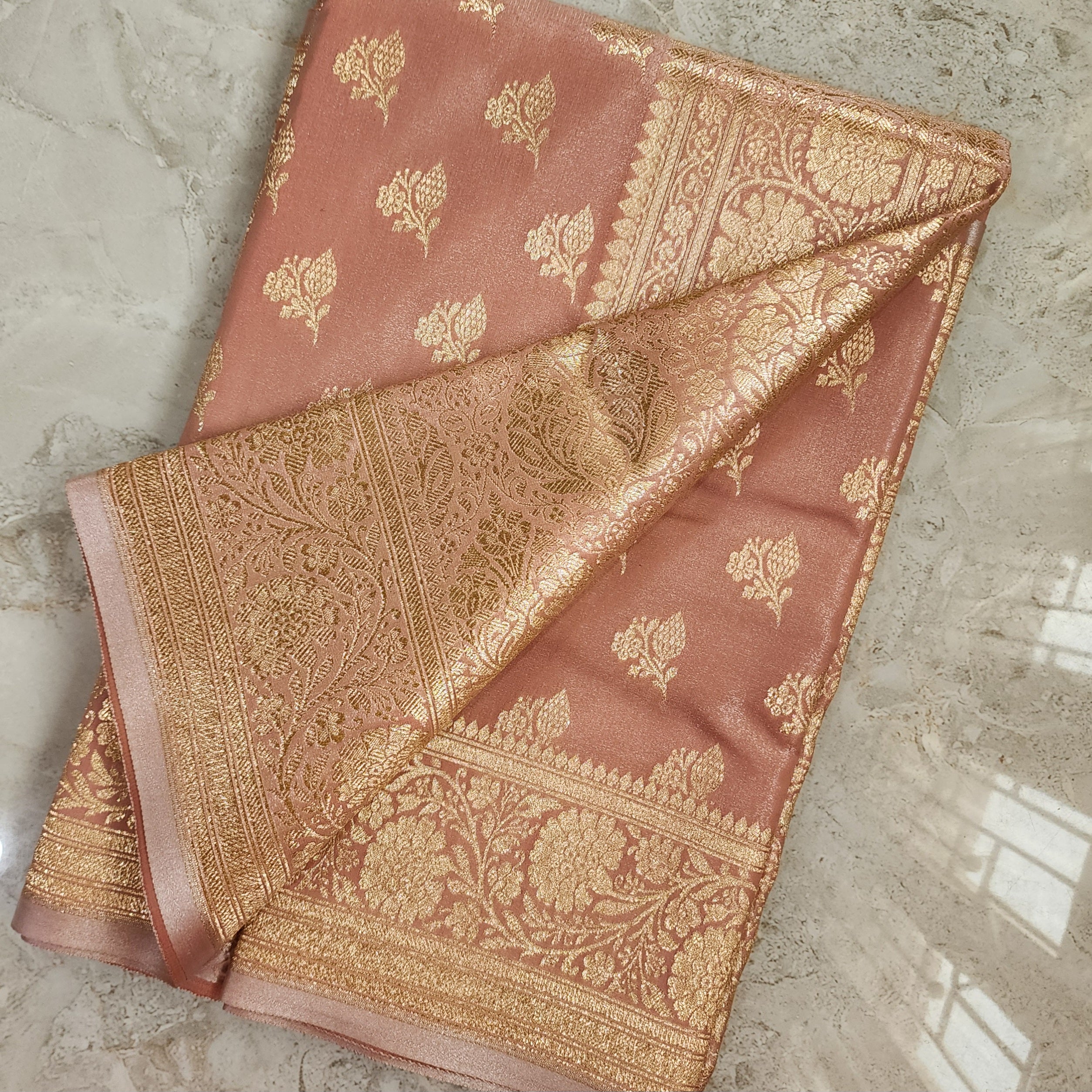 Rich Rose Blush Pink Banarasi Silk Saree with Gold Zari Weaving