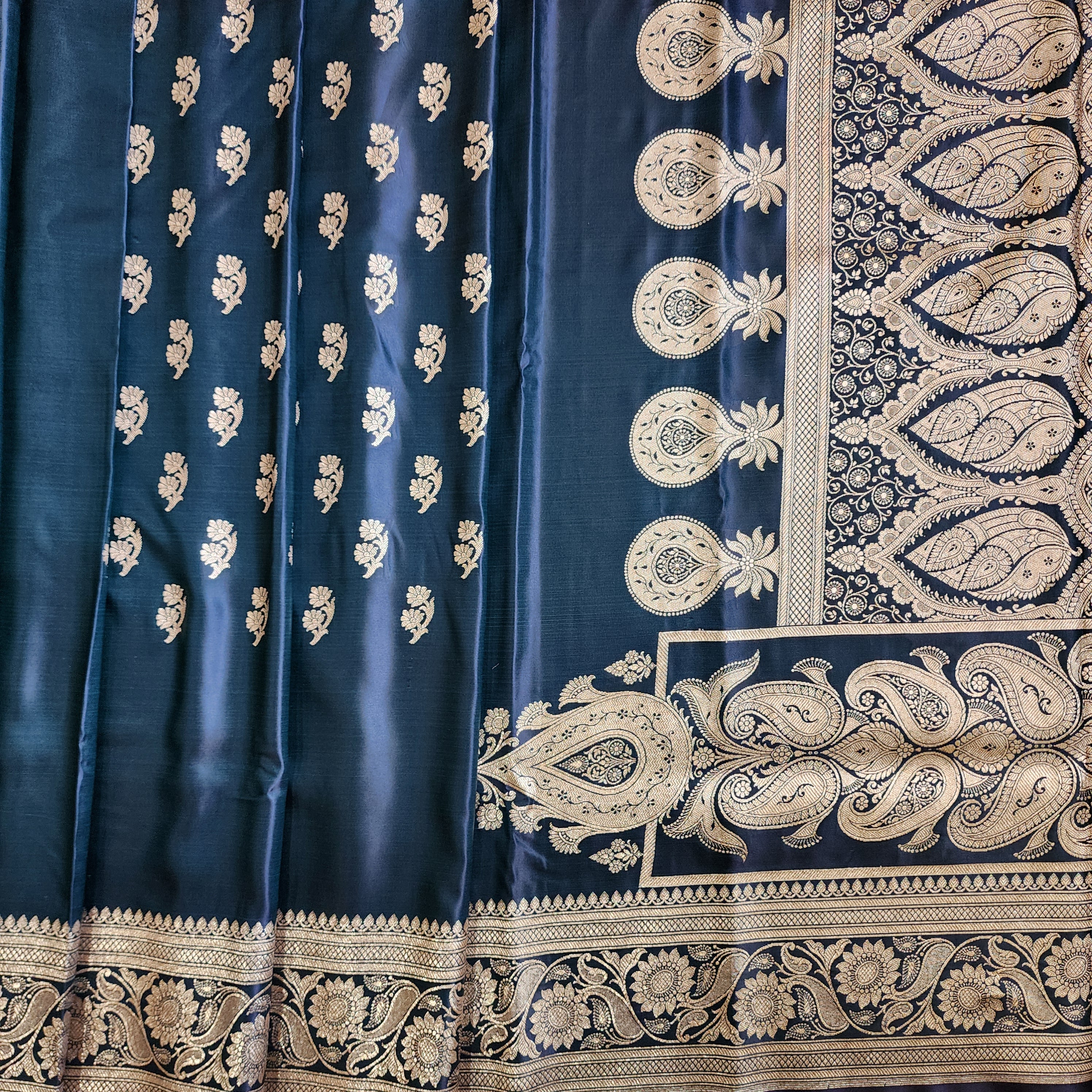 Teal Blue Pure Banarasi Katan Silk Saree with light Gold Zari Weaving