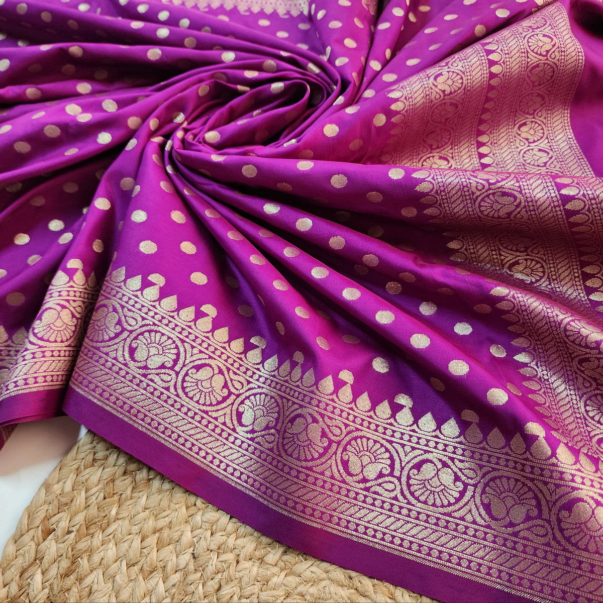 Magenta Purple Banarasi Silk Dupatta with Gold Polka Dot