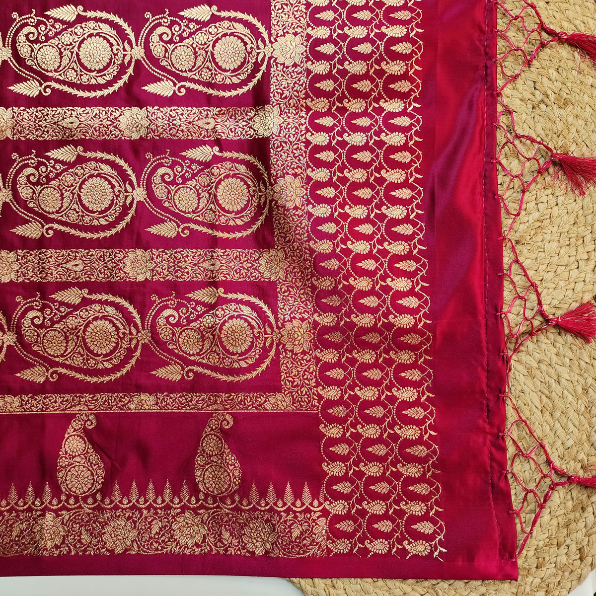 Rani Pink Paisley Katan Silk Saree with Gold Zari