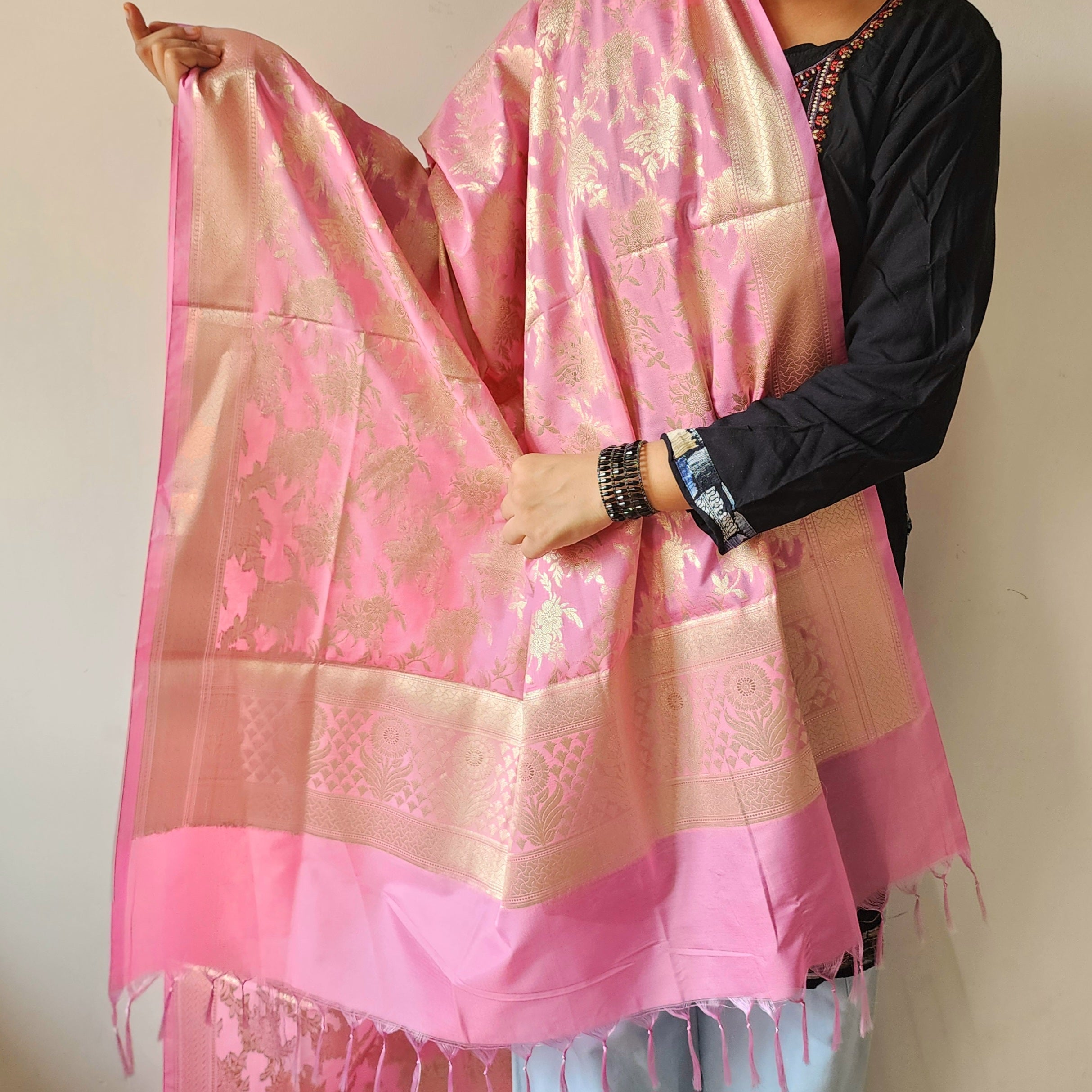 Vibrant Pink Banarasi Dupatta - Floral Brocade Zari