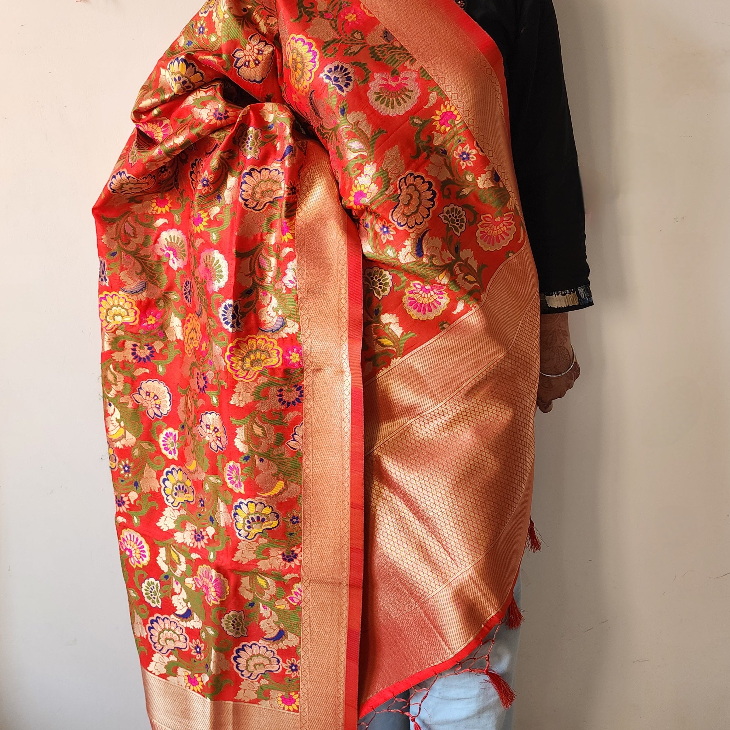 Banarasi Silk Bridal Red Dupatta with Multicolor & Gold Floral Handweaving