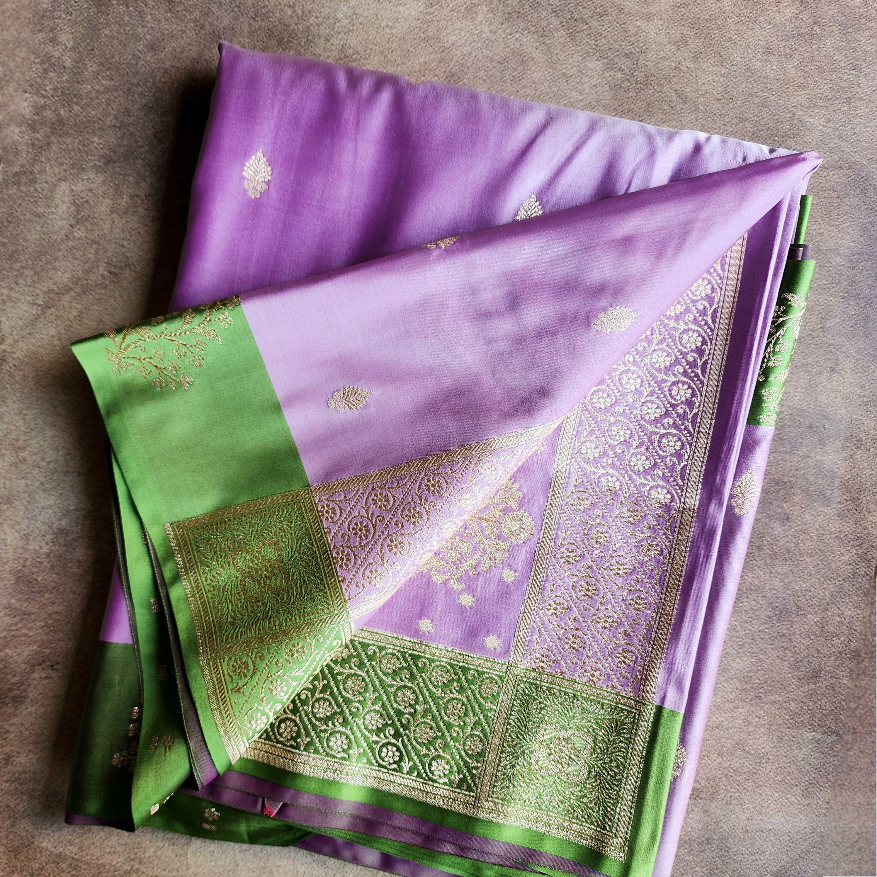 Lavender Katan Silk Saree with Parrot Green Silver Zari Border