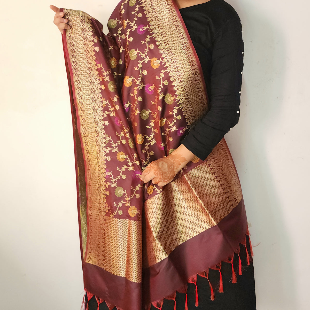 Banarasi Silk Floral Jaal Dupatta - Deep Burgundy