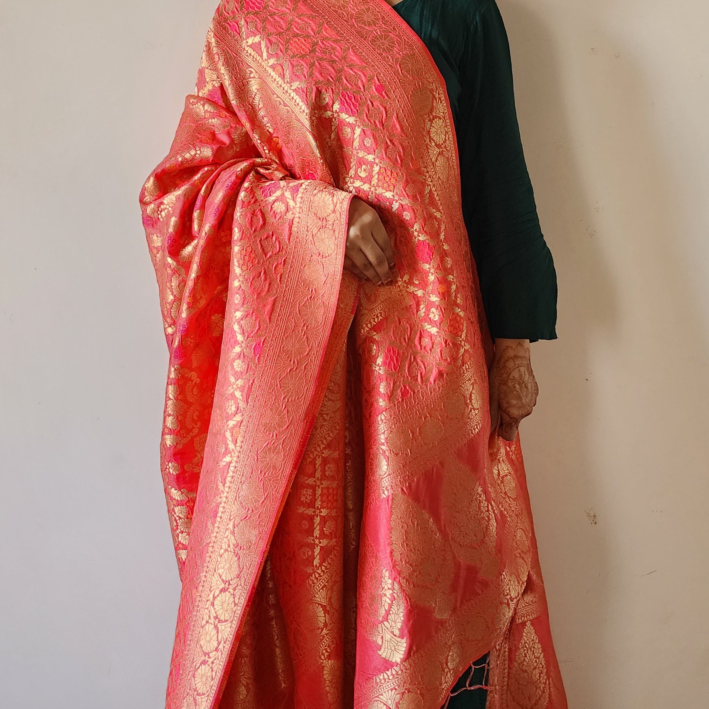 Rose Pink Bandhani Dupatta with Floral and Geometric Zari Weave