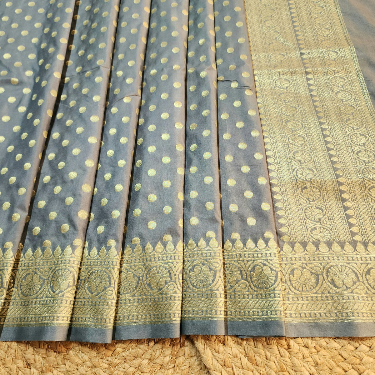 Slate Blue Banarasi Silk Dupatta with Gold Polka Dot