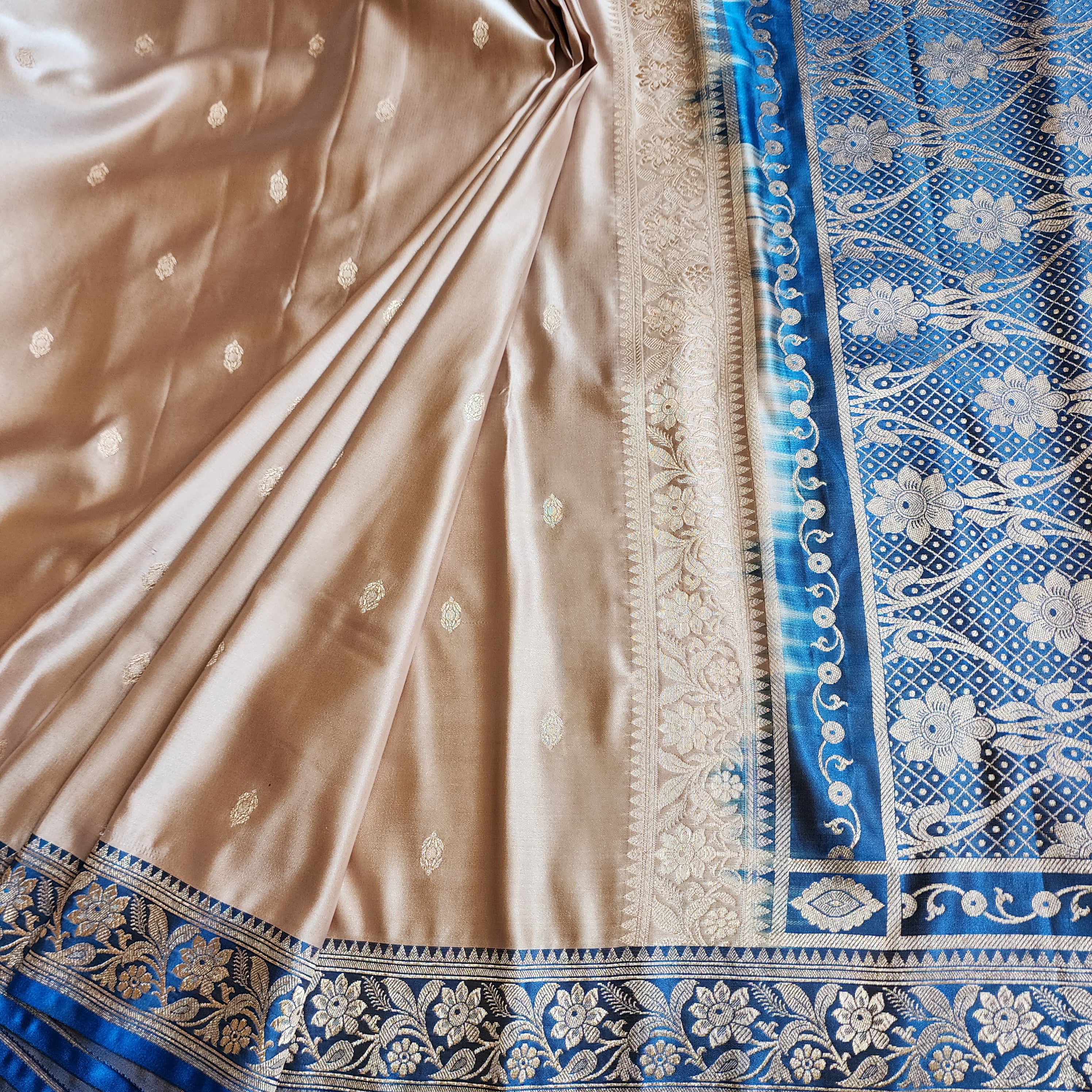 Champagne Beige Katan Silk Saree with Royal Blue and Gold Zari Border