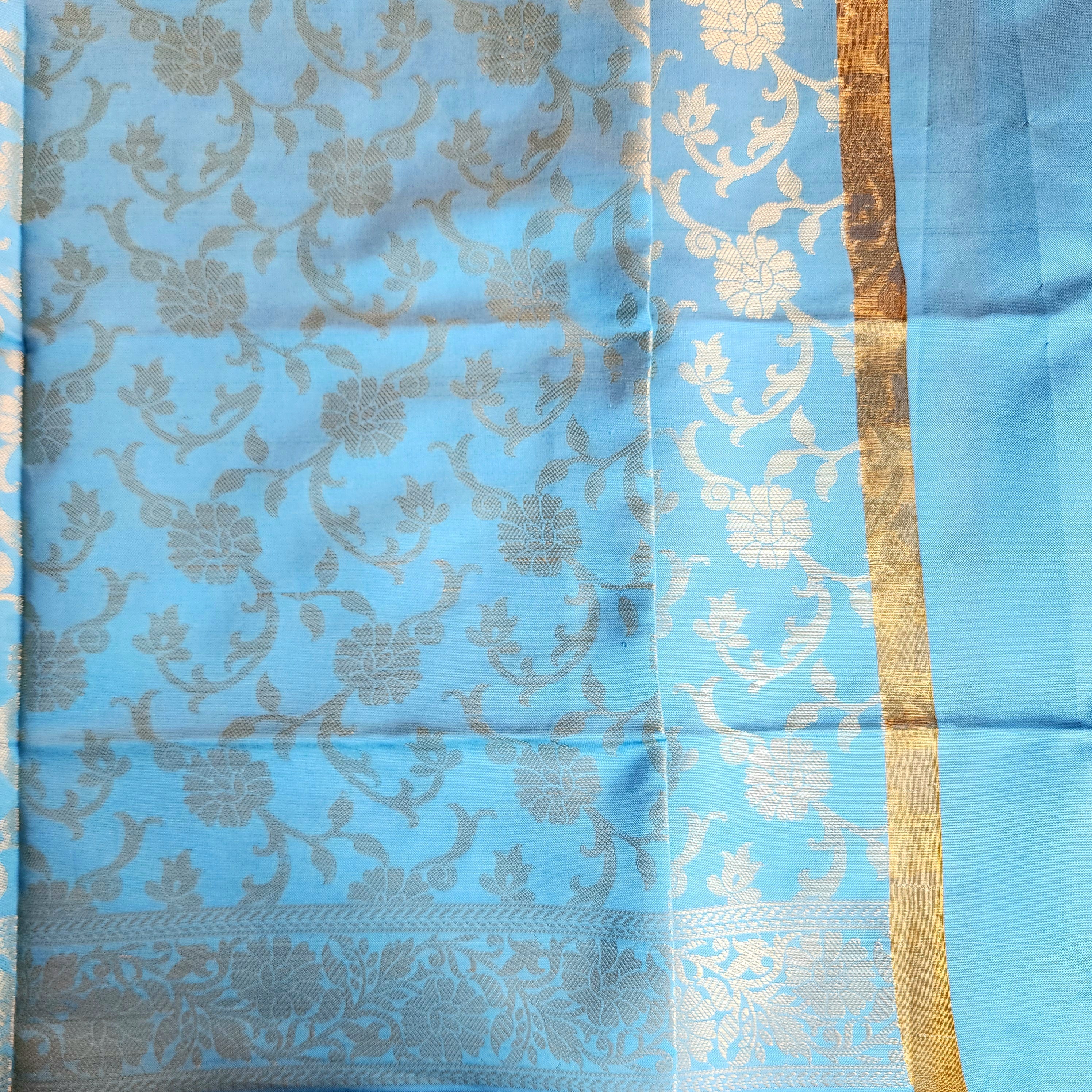 Aqua Blue Banarasi Tapetta Silk Dupatta with Gold Floral Weave