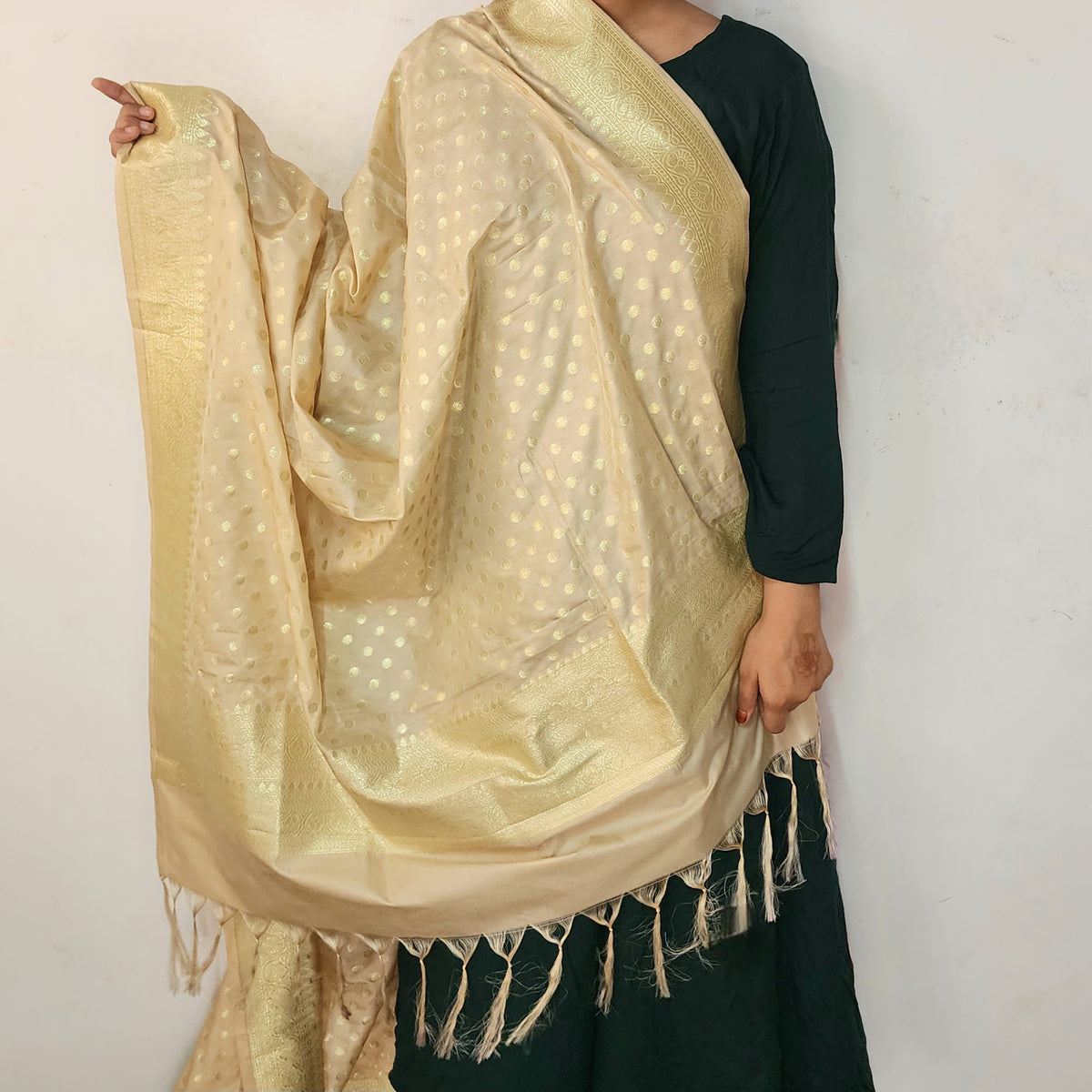 Champagne Beige Banarasi Silk Dupatta with Gold Polka Dot