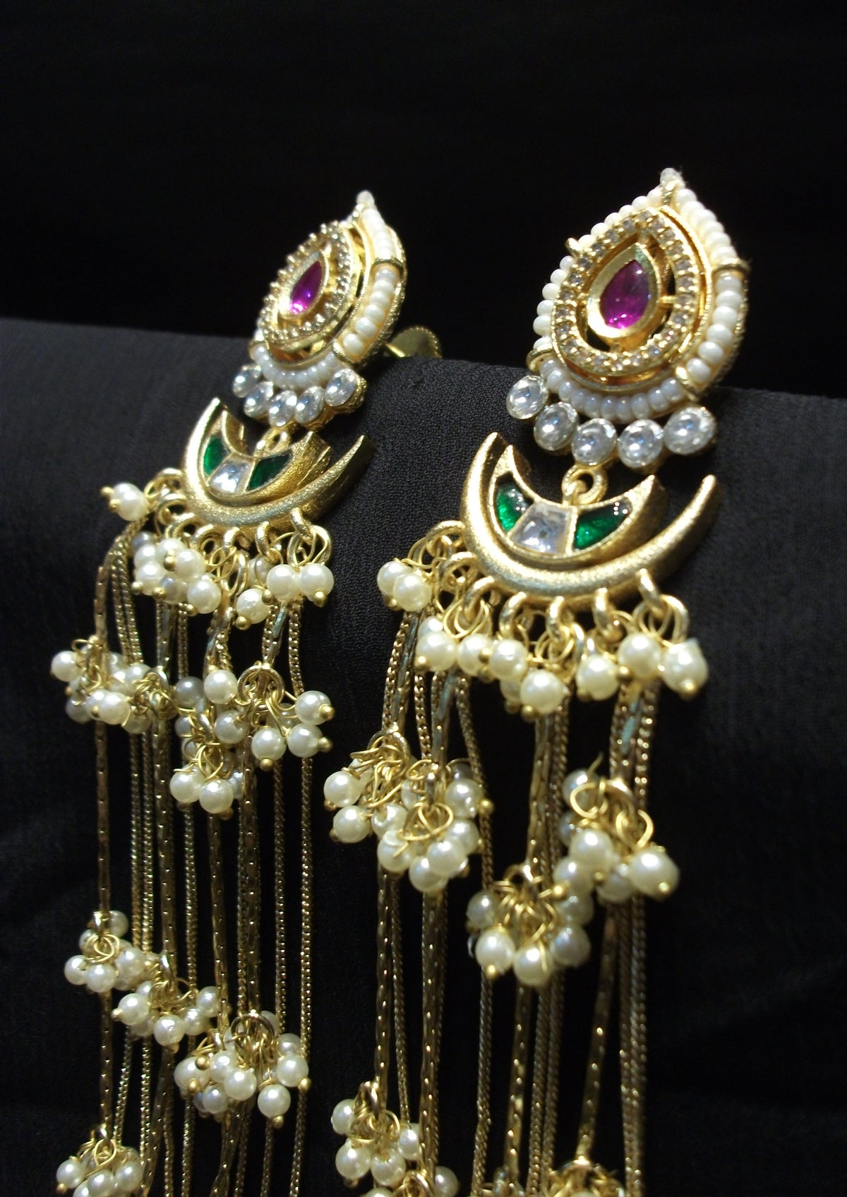 Royal Crescent Drop Earrings with Hanging Pearl Chains and Gemstones