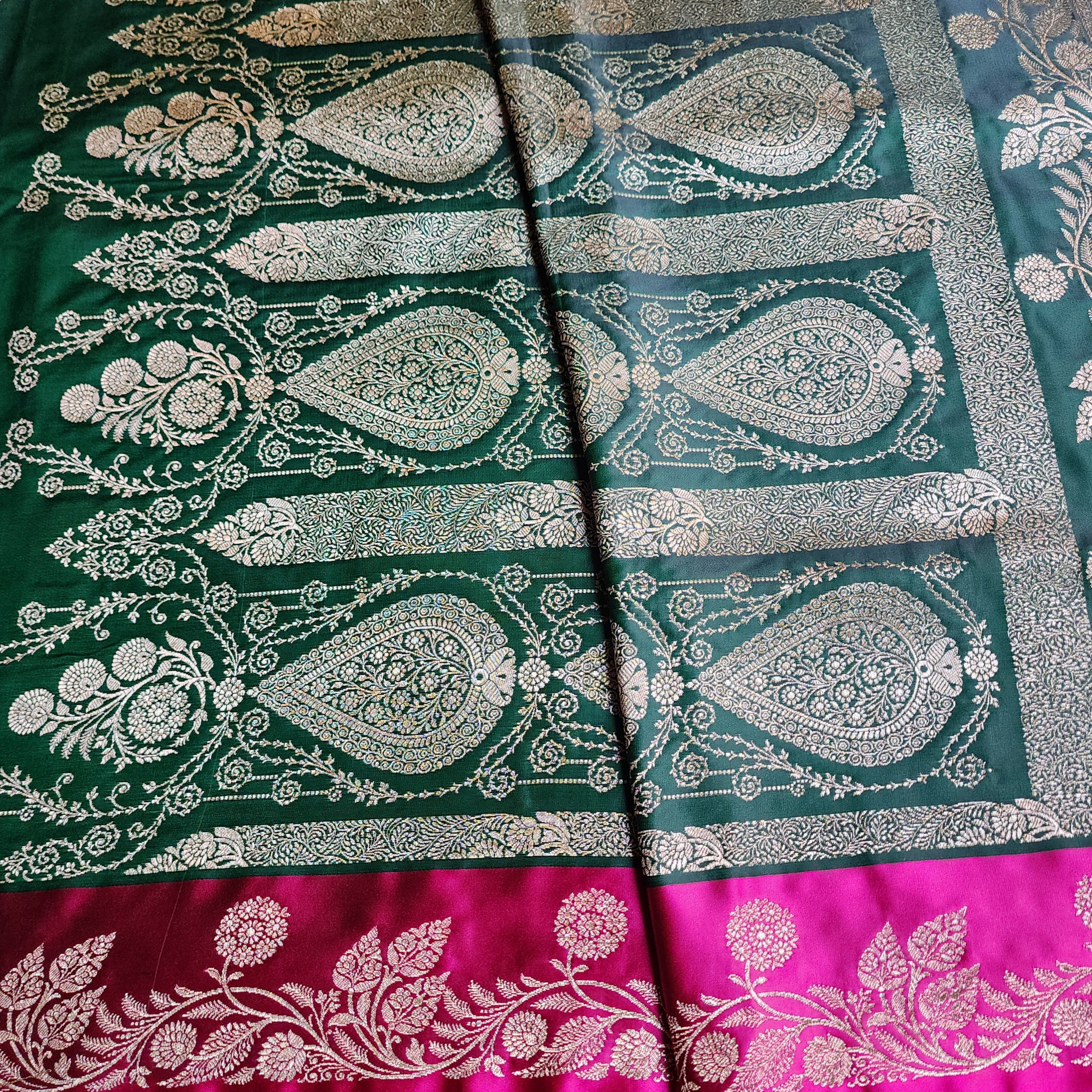 Emerald Green Pure Banarasi Katan Silk Saree with Bright Pink Border