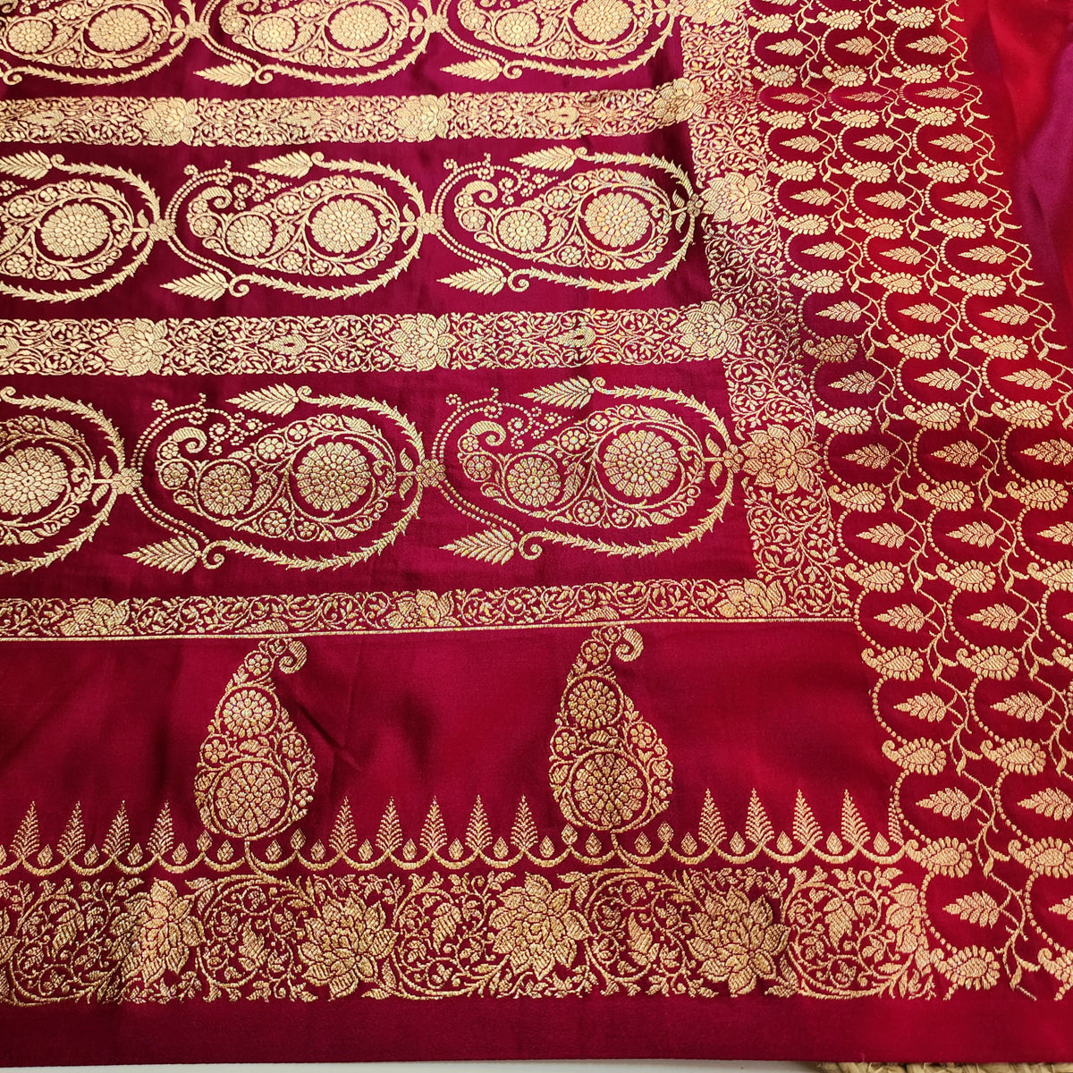 Rani Pink Paisley Katan Silk Saree with Gold Zari