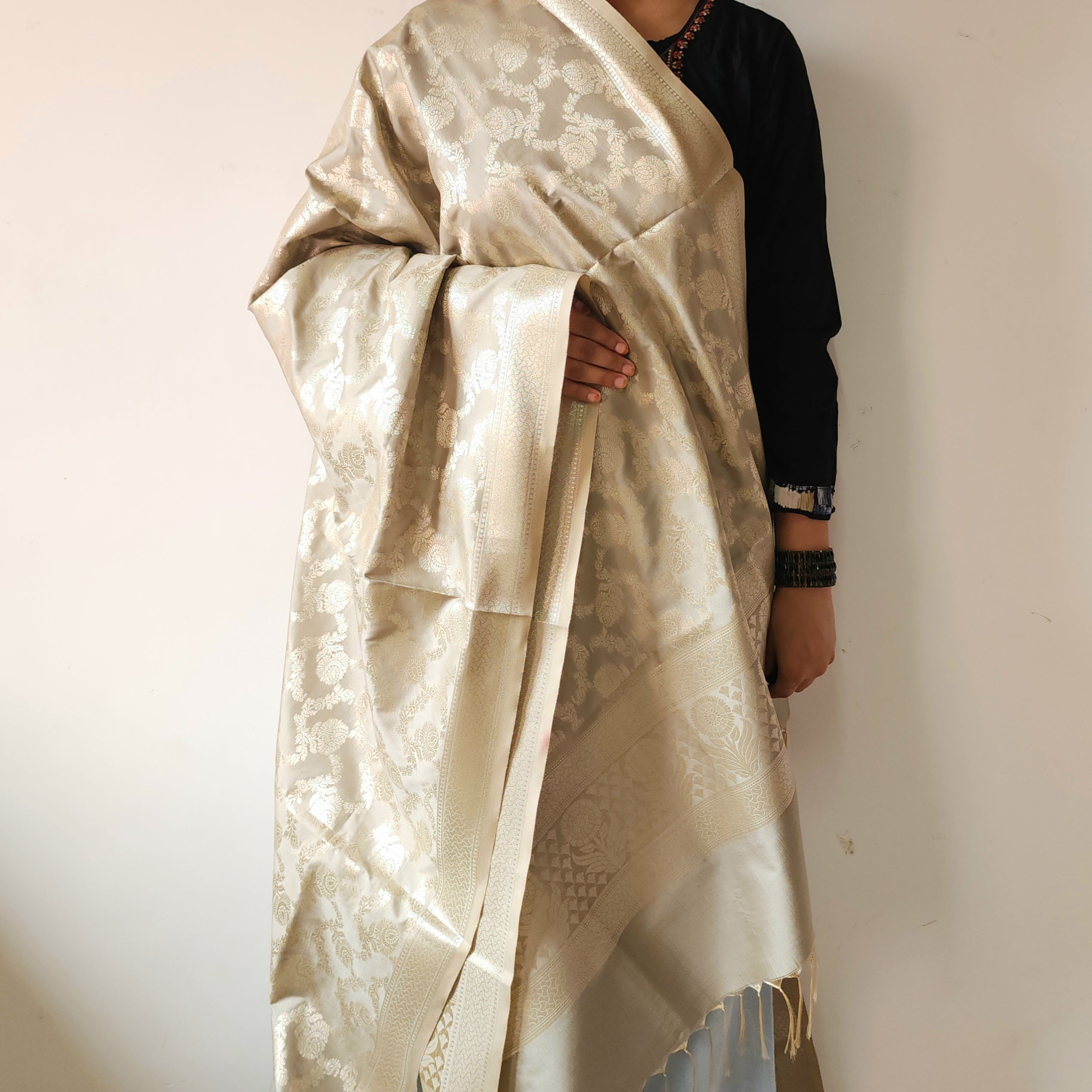 Platinum Grey Floral Jaal Dupatta with Mughal-Inspired Zari Border