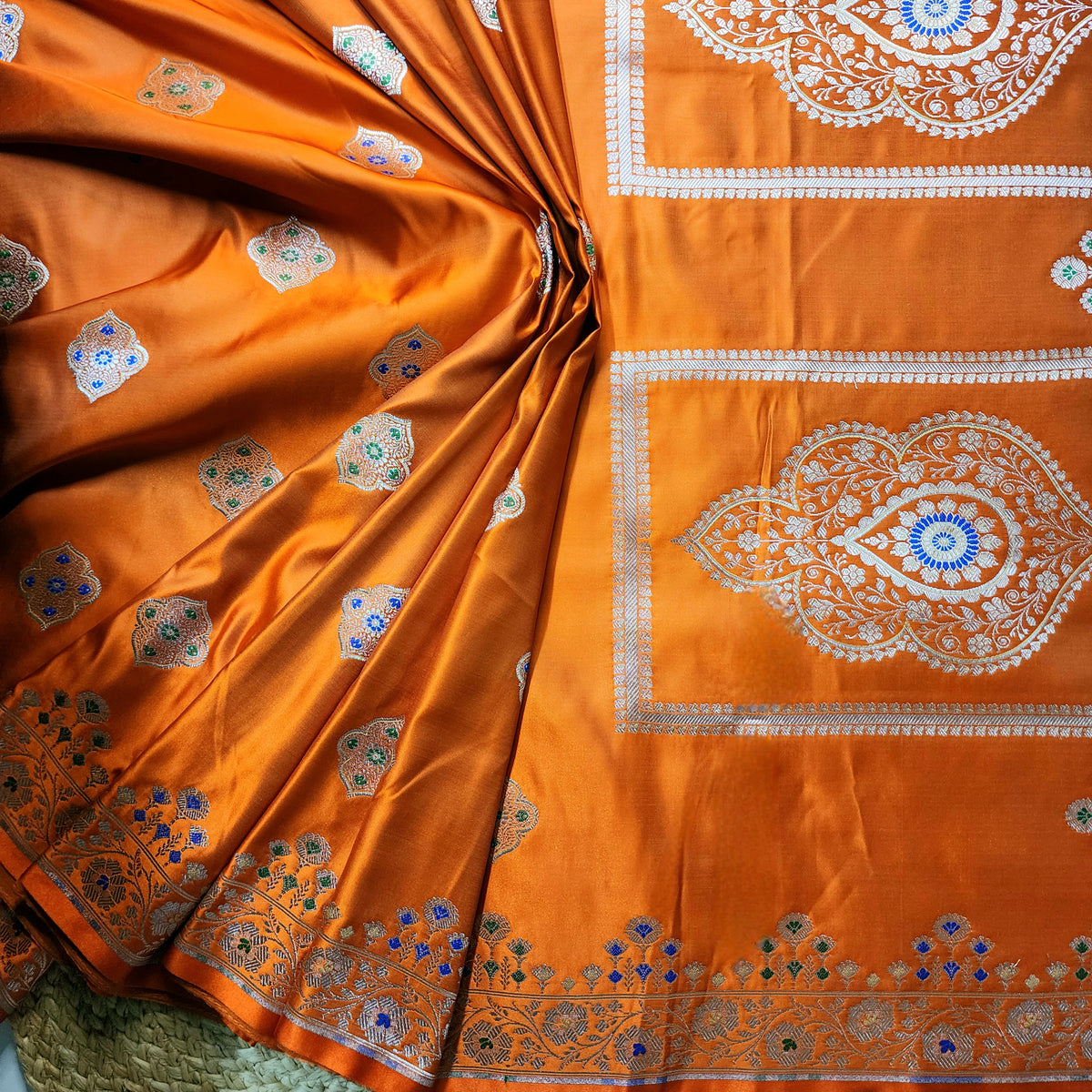 Orange Banarasi Katan Silk Saree with Multicolor Meenakari