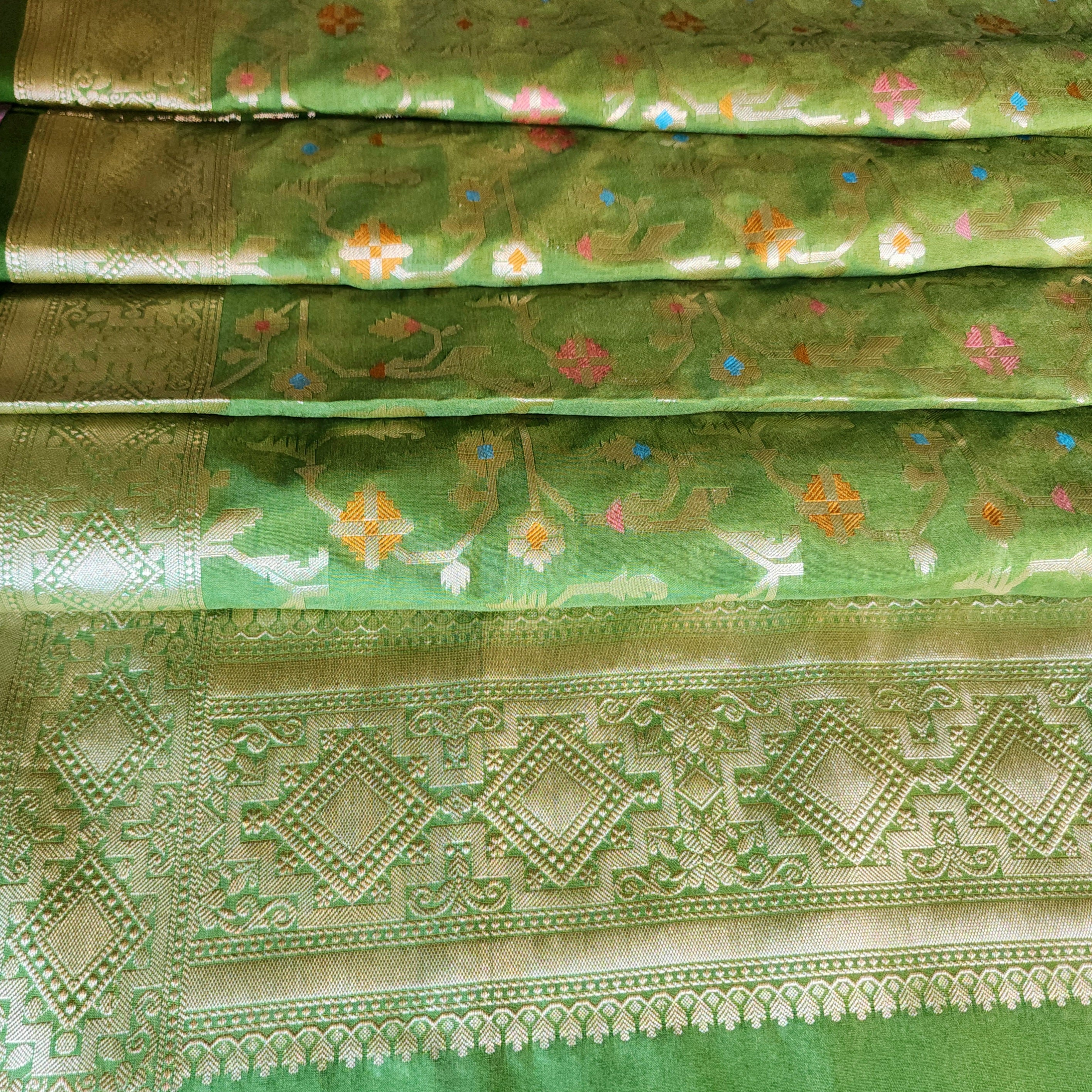 Golden Grid Banarasi Silk Dupatta with Meenakari Work in Mehendi Green