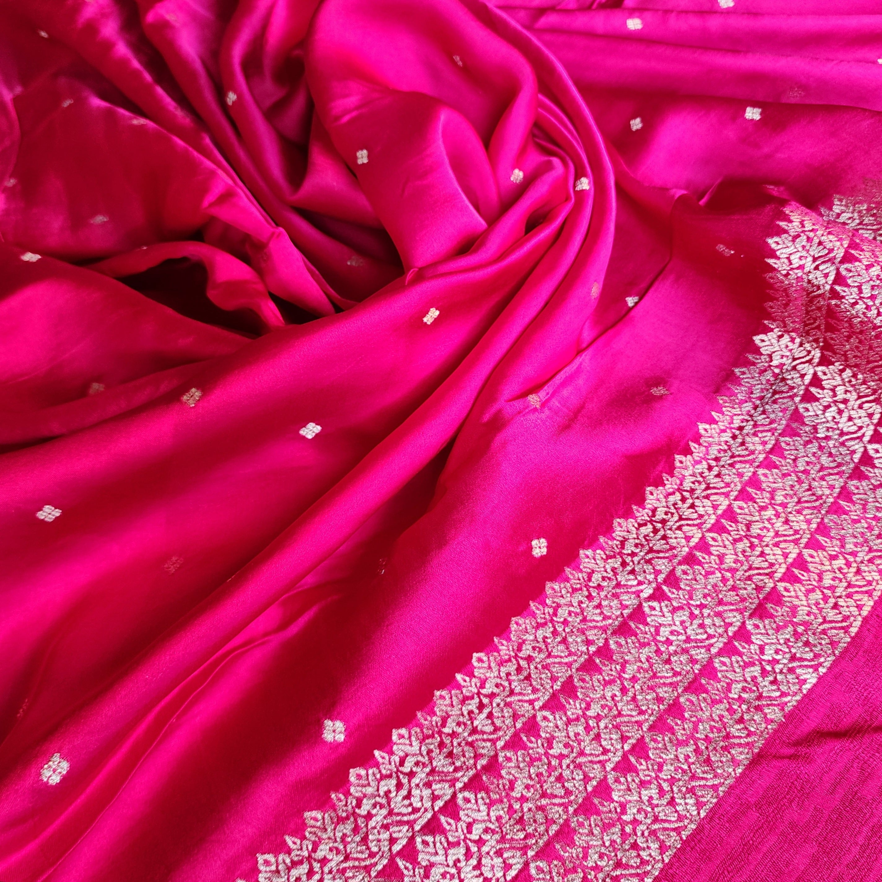 Bright Rani Pink Mashru Tanchoi Saree with Gold Zari