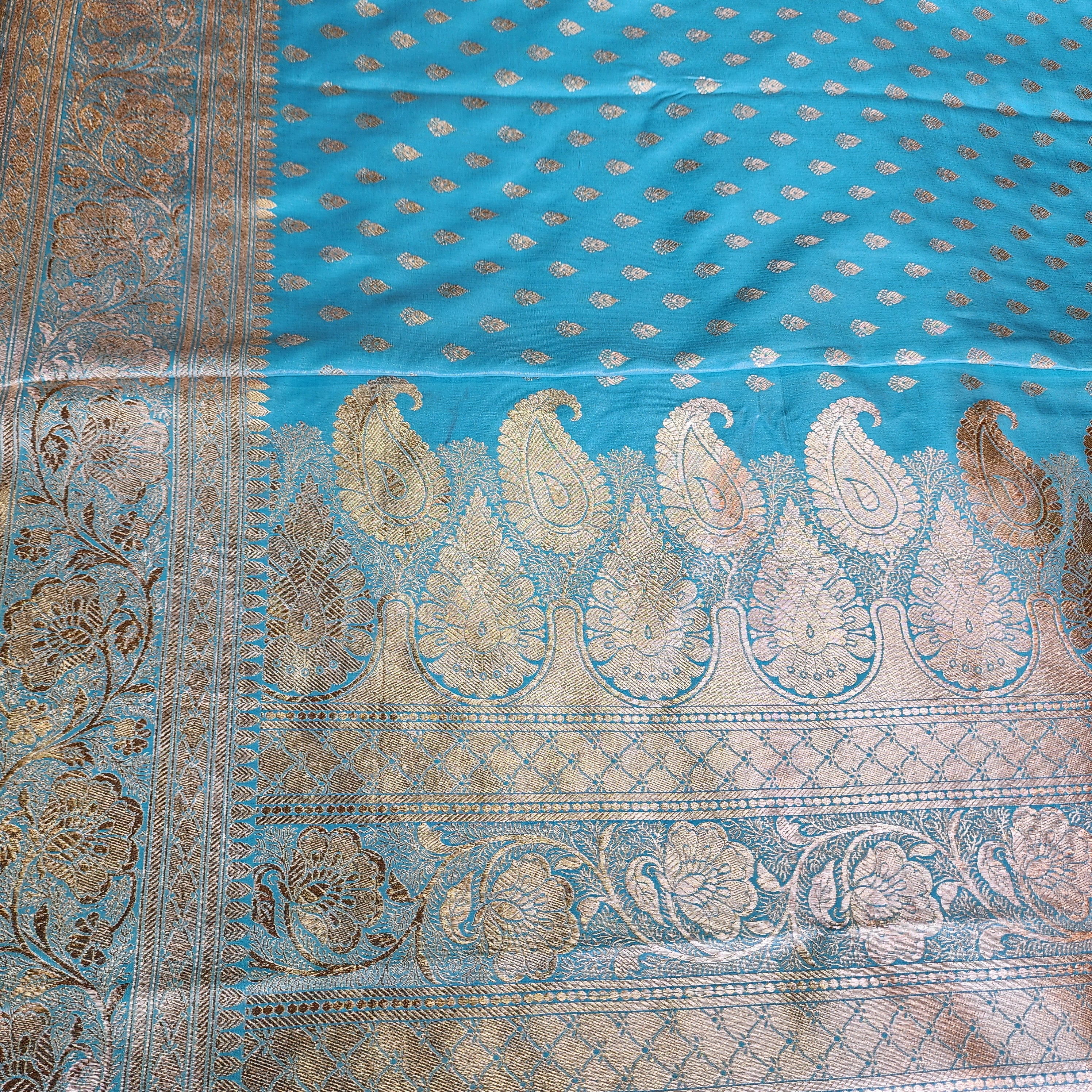 Rich Sky Blue Banarasi Silk Saree with Gold Zari Weaving