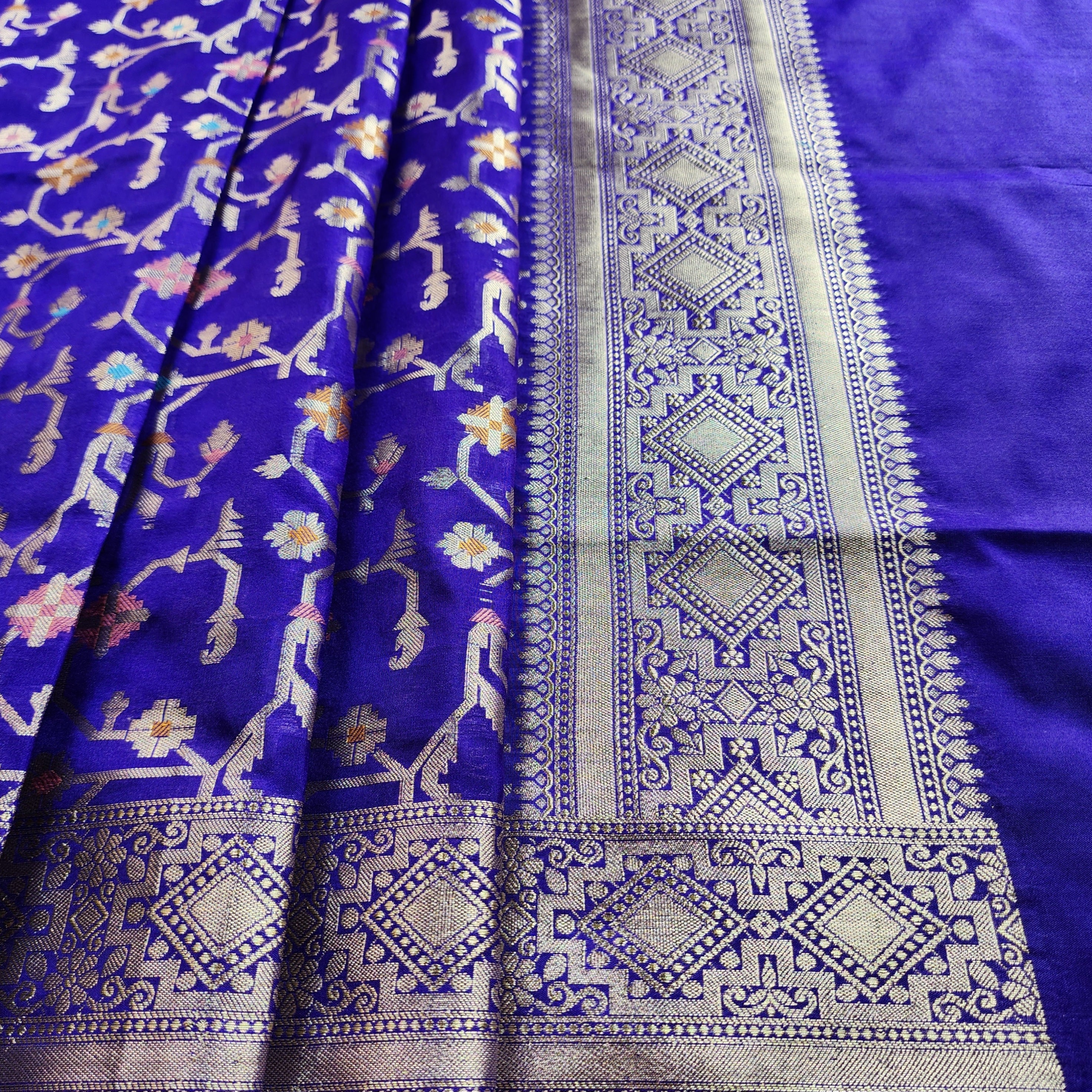 Golden Grid Banarasi Silk Dupatta with Meenakari Work in Electric Blue