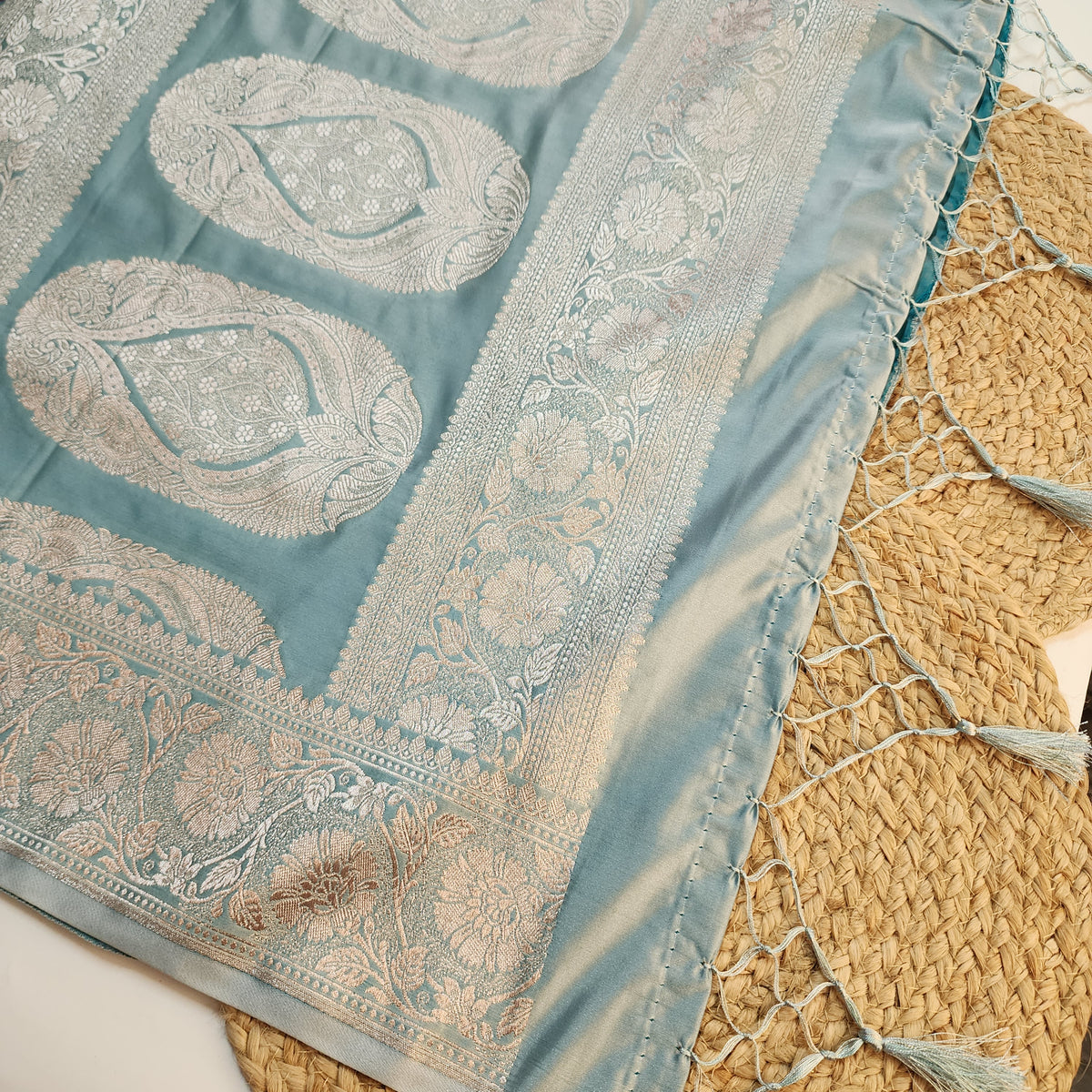 Dusty Blue Banarasi Katan Silk Saree with Floral Vine Jaal