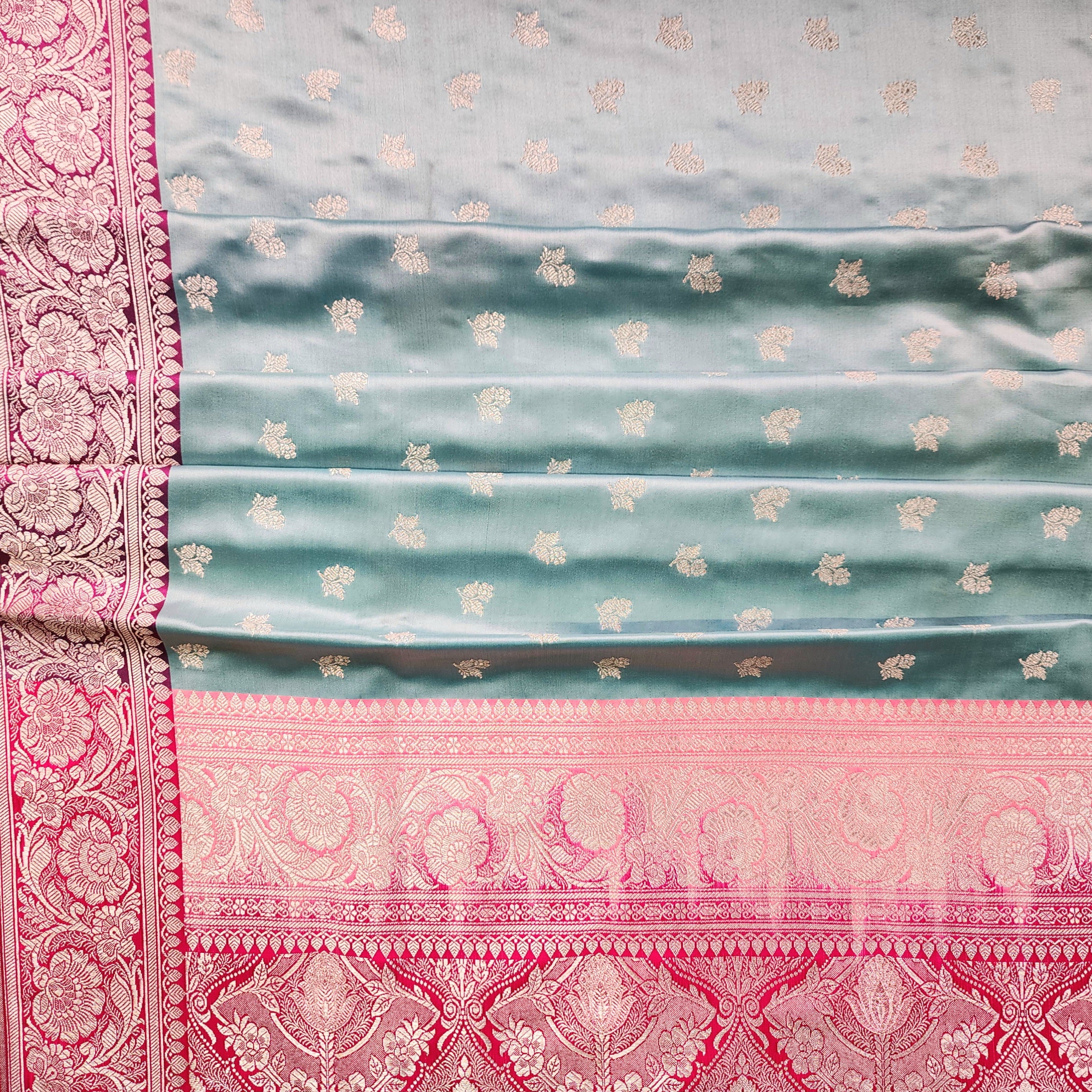 Pastel Aqua Blue Pure Banarasi Katan Silk Saree with light Gold Zari Weaving