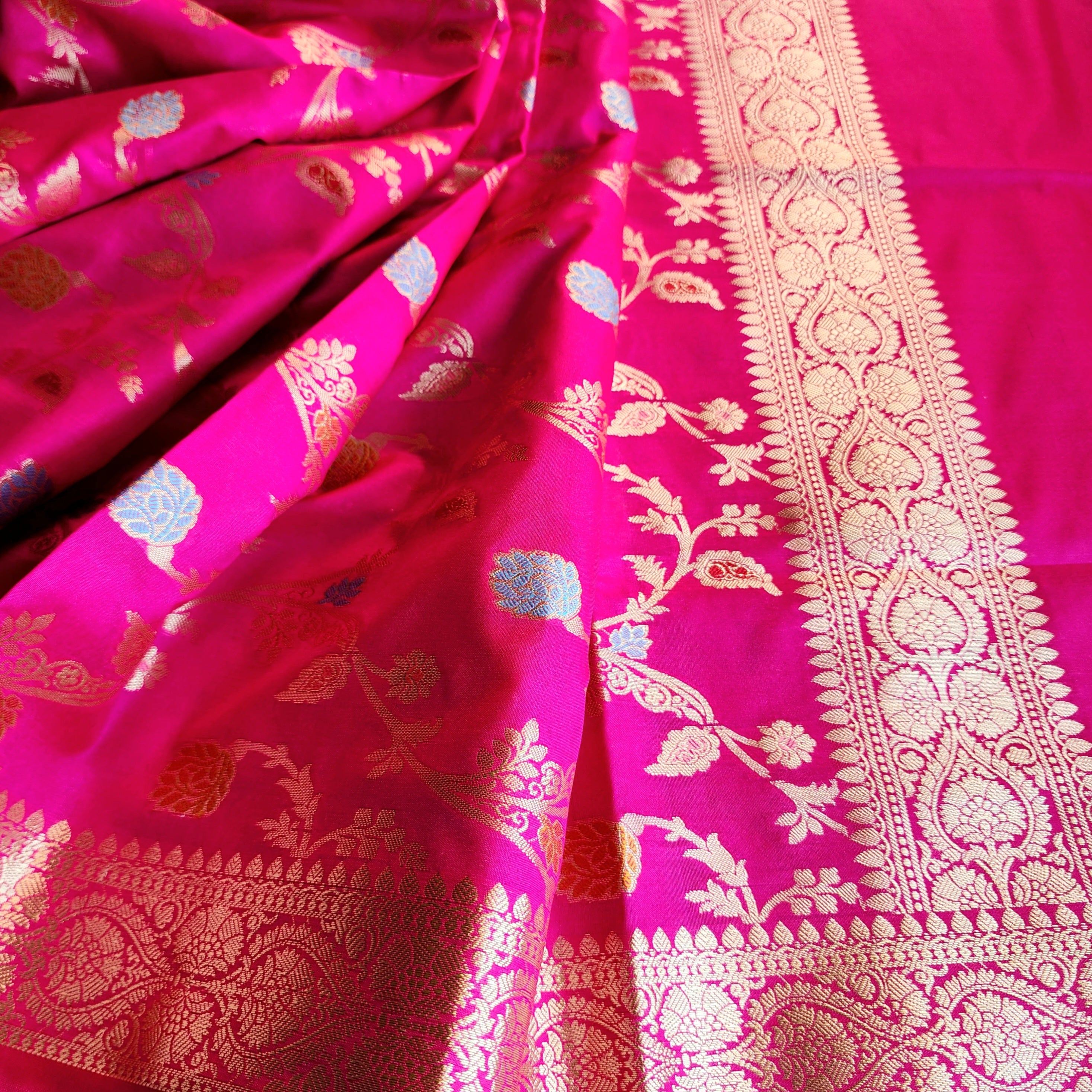 Hot Pink Banarasi Silk Dupatta with Gold Zari Border & Multicolor Meenakari Work