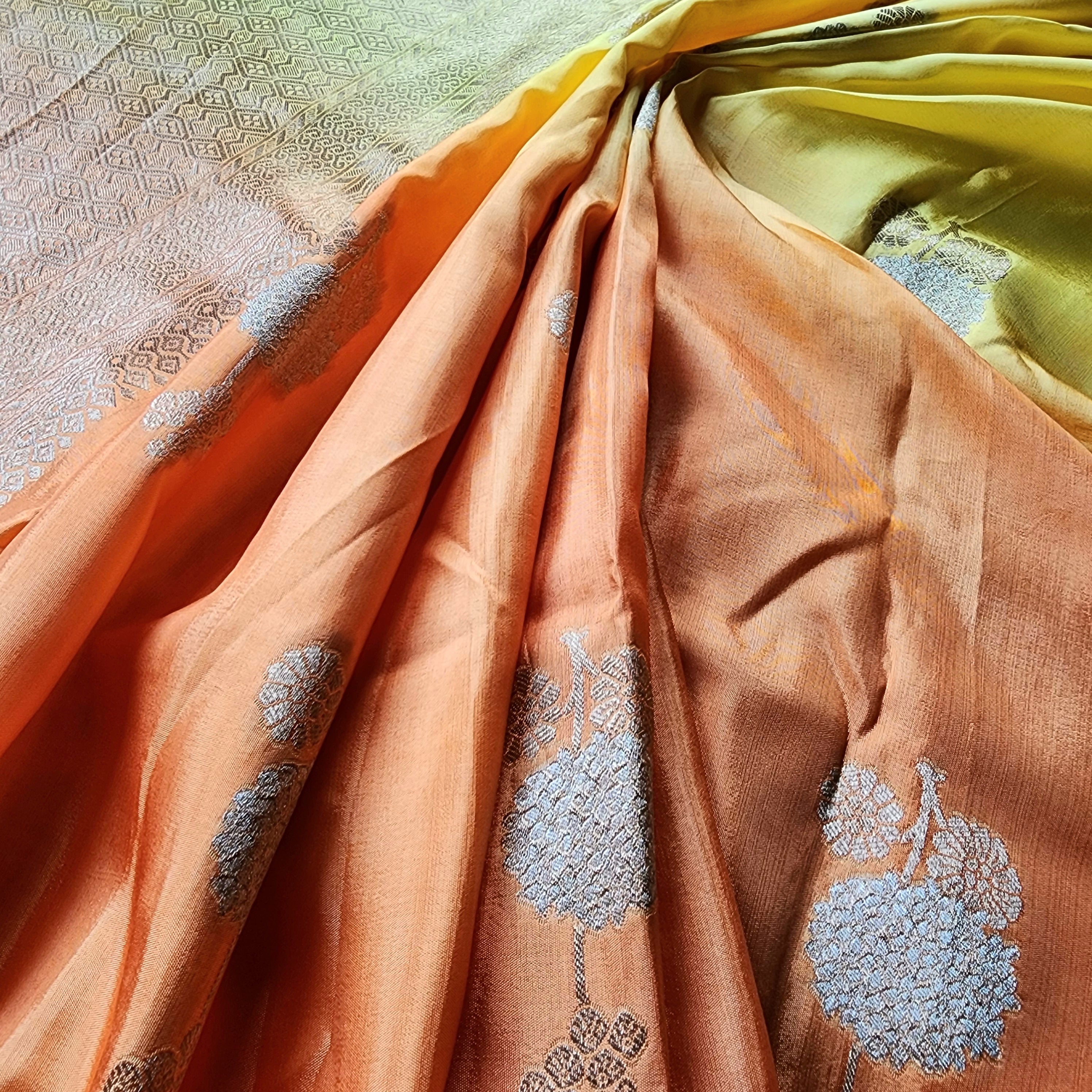 Sunrise Yellow Dupion Silk Saree with Orange Hues