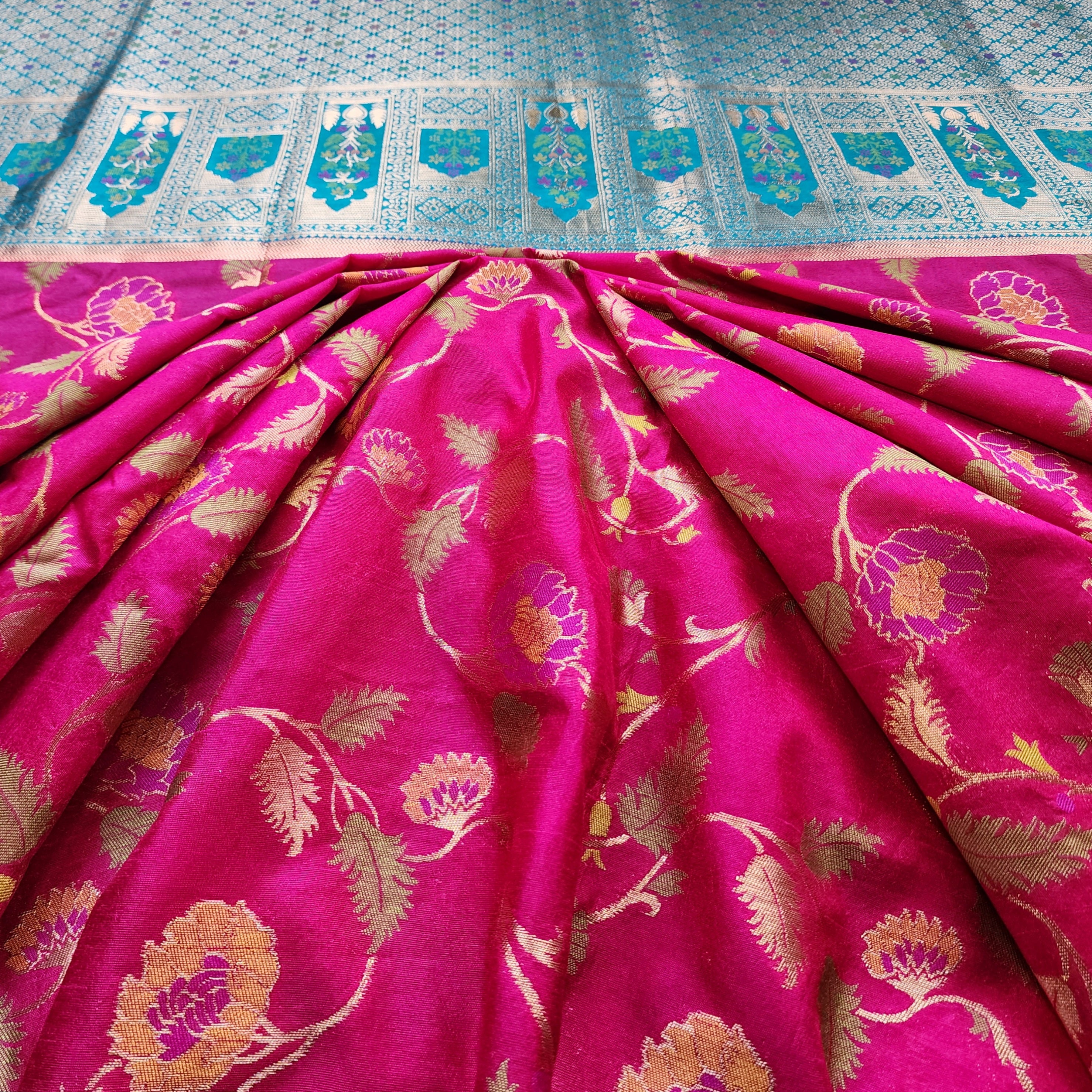 Rani Pink Dupion Patola with Turquoise Blue Border & Heavy Gold Zari