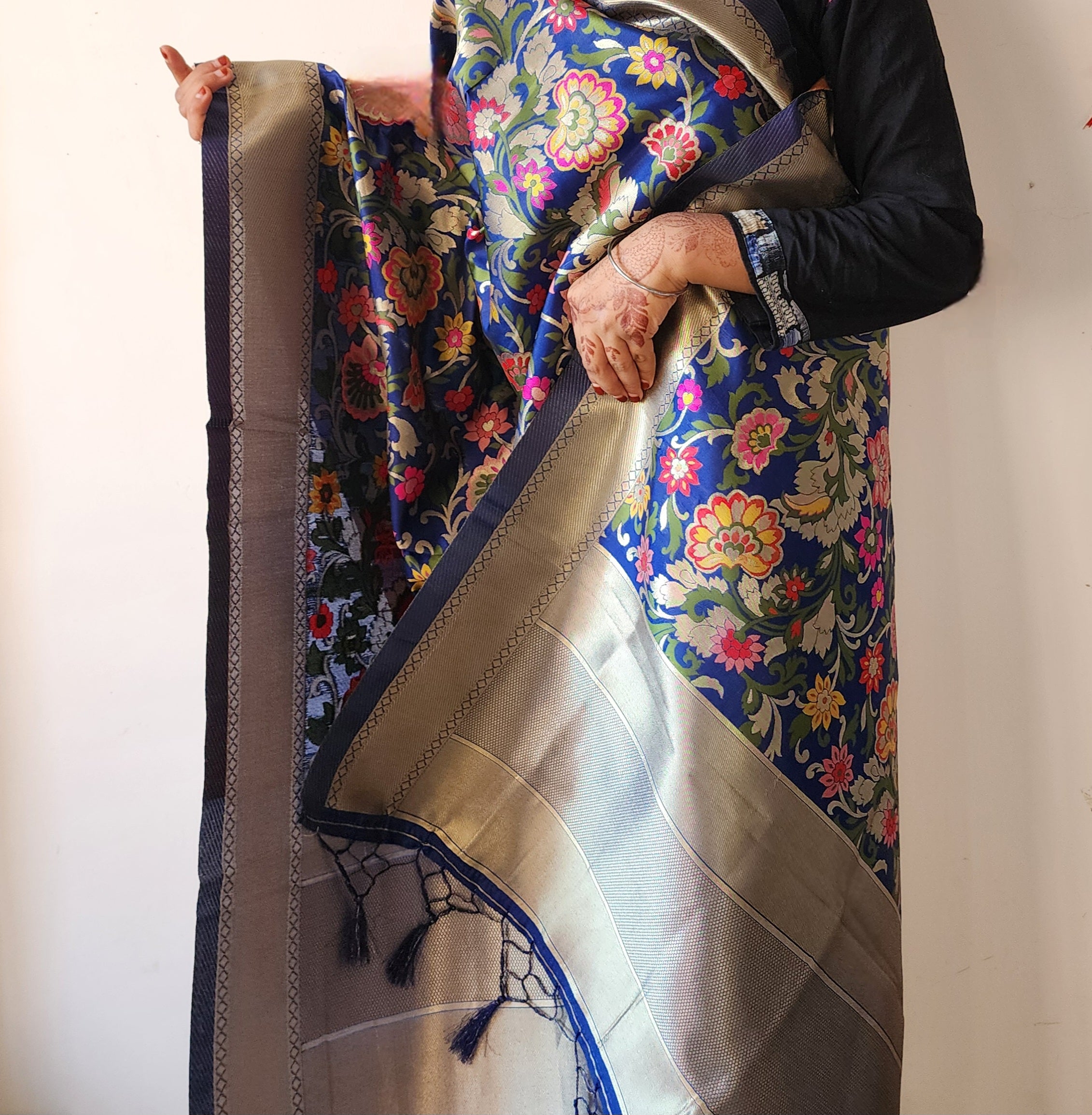 Banarasi Silk Navy Blue Dupatta with Multicolor & Gold Floral Handweaving