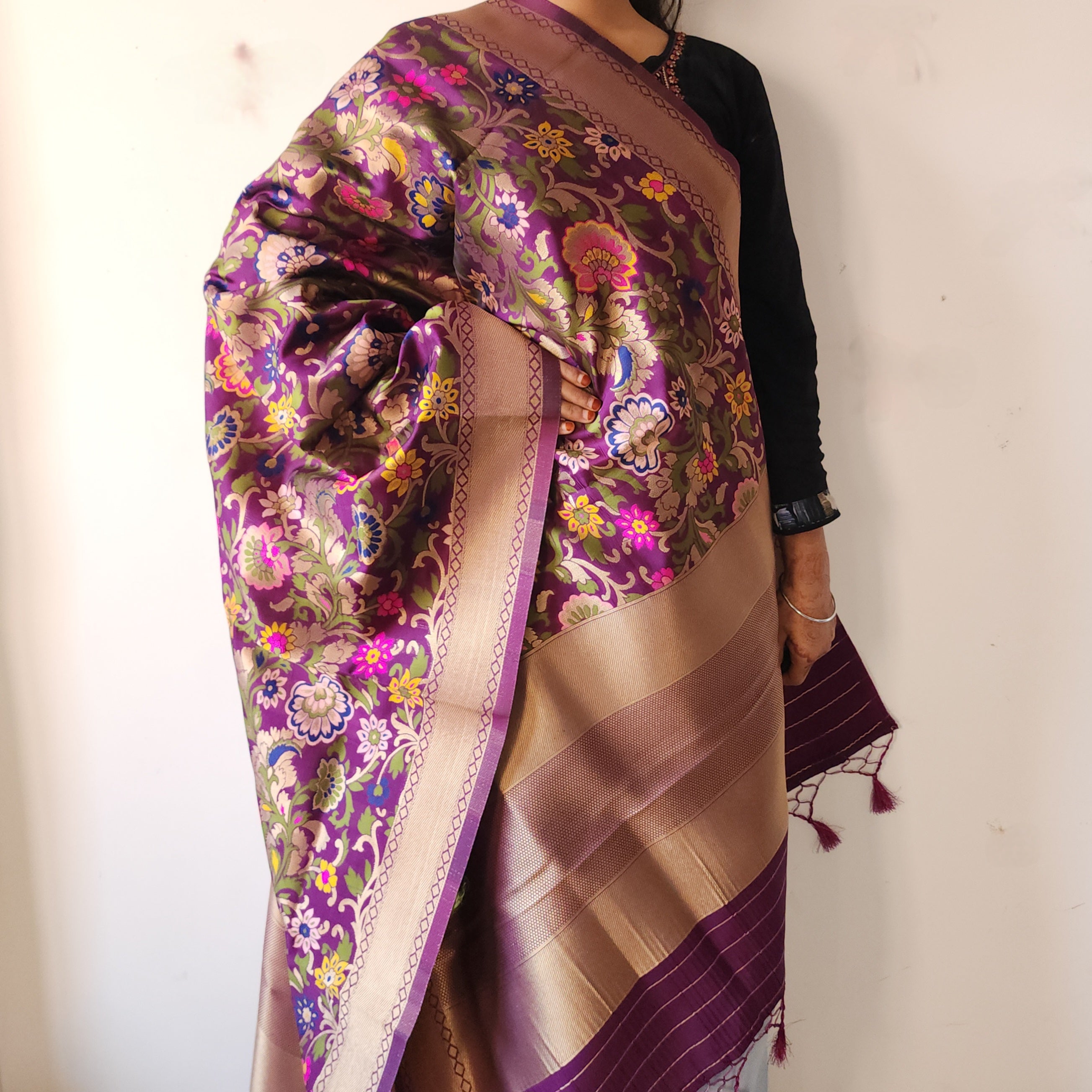 Banarasi Silk Dark Plum Dupatta with Multicolor & Gold Floral Handweaving