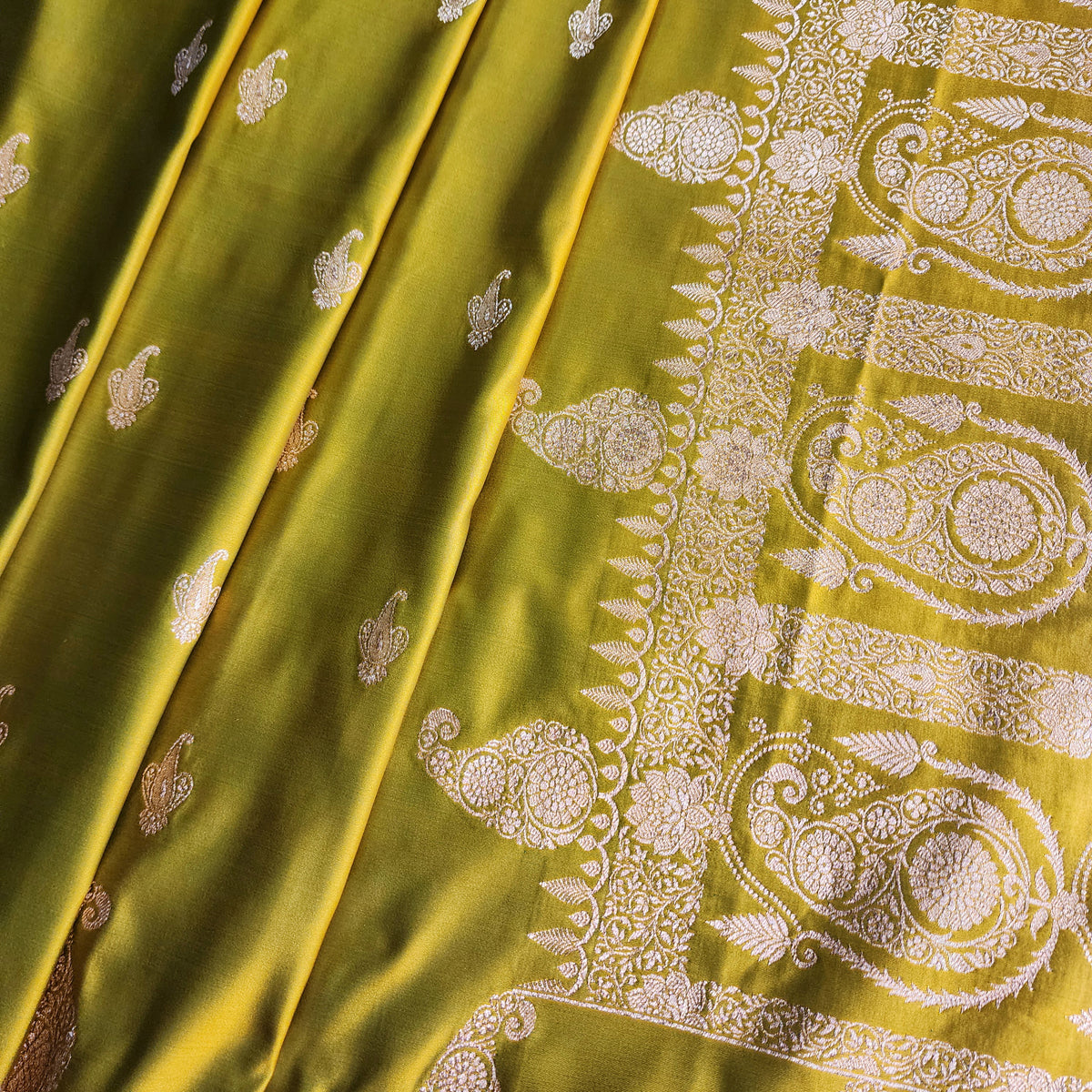 Lime Green Paisley Katan Silk Saree with Gold Zari